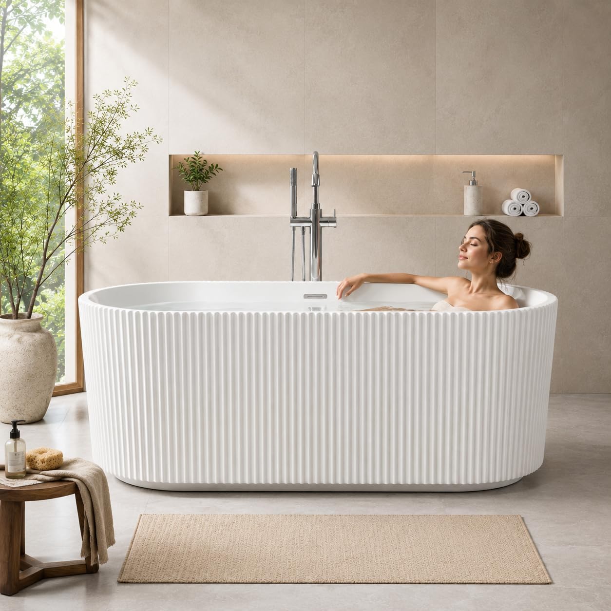 59' Acrylic Freestanding Soaking Bathtub, Deep Ergonomic Design with Lumbar Support, Integrated Overflow Drain, Non-Slip Base,cUPC Certified Modern Bathroom Tub, Easy Installation for Bathroom