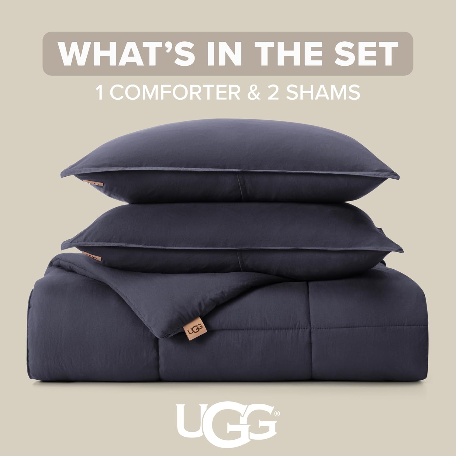 UGG Leonora Comforter Set with 2 Pillow Shams Lightweight Down Alternative Blanket Reversible Cozy Warm All Season Washable and Hypoallergenic Bedding Set, Full/Queen, Navy Blue