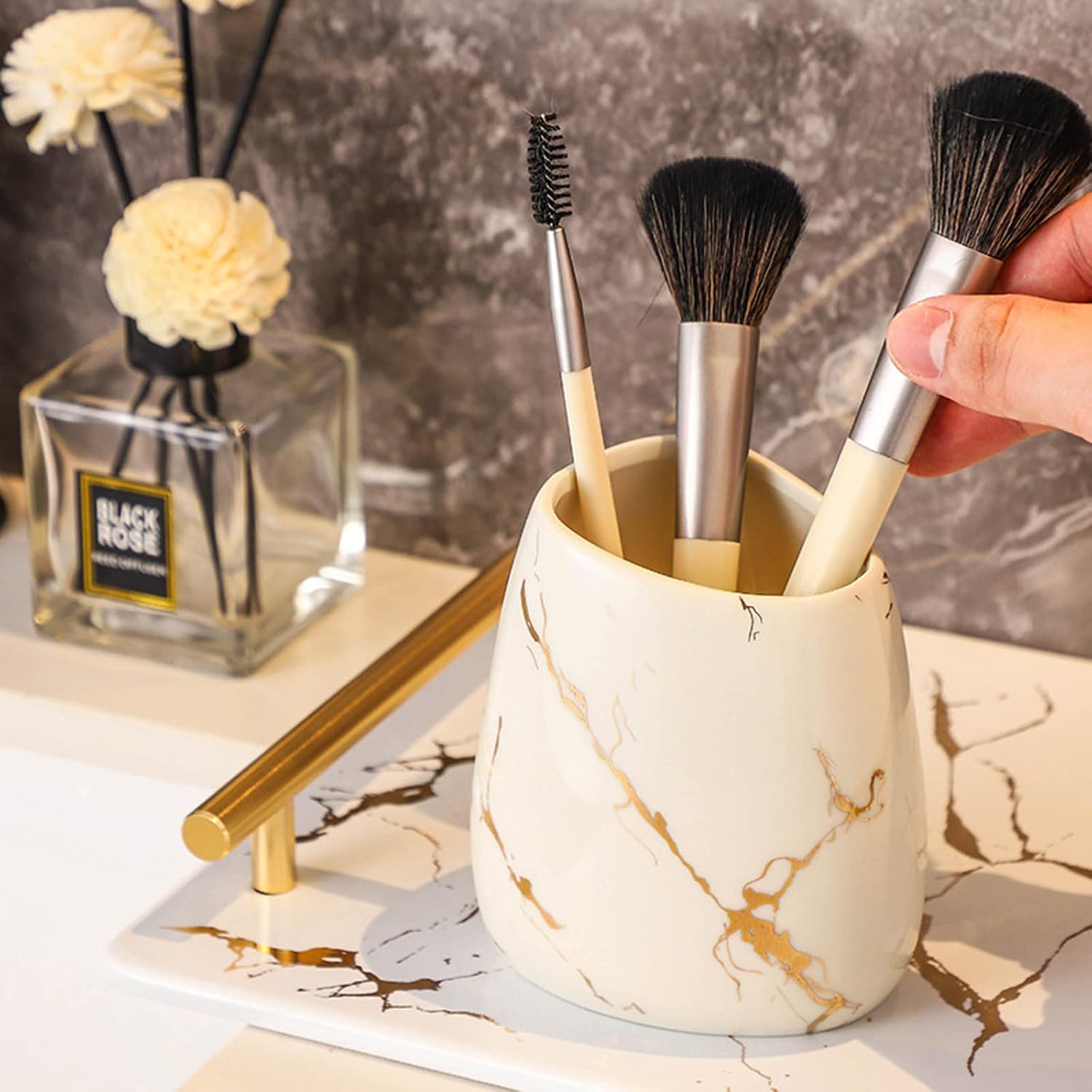 6 Piece Bathroom Soap Dispenser and Toothbrush Holder Set, Ceramic Soap Dispenser, Vanity Countertop Accessory Toothbrush Holder Set with Marble Look -Beige