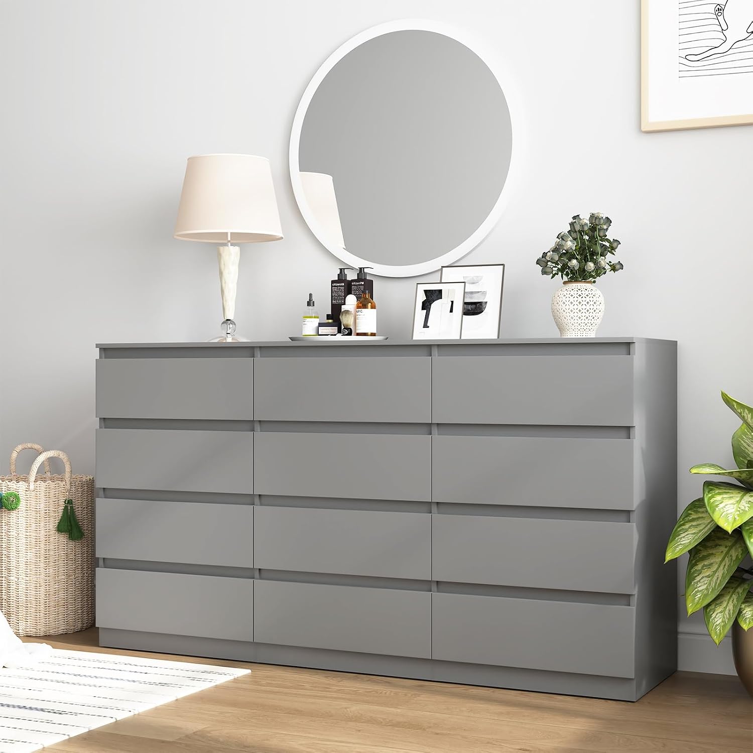 Vibe & Dine 12 Drawer Dresser, 59.1' Large Dresser for Bedroom Free Handle, Modern Wooden Chest of Drawers with Wide Storage for Living Room, Grey