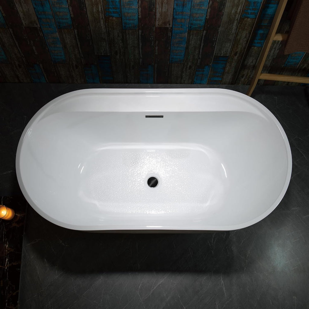 WOODBRIDGE 59' Acrylic Freestanding Bathtub Contemporary Soaking White Tub with Matte Black Overflow and Drain,White,B0064 MB