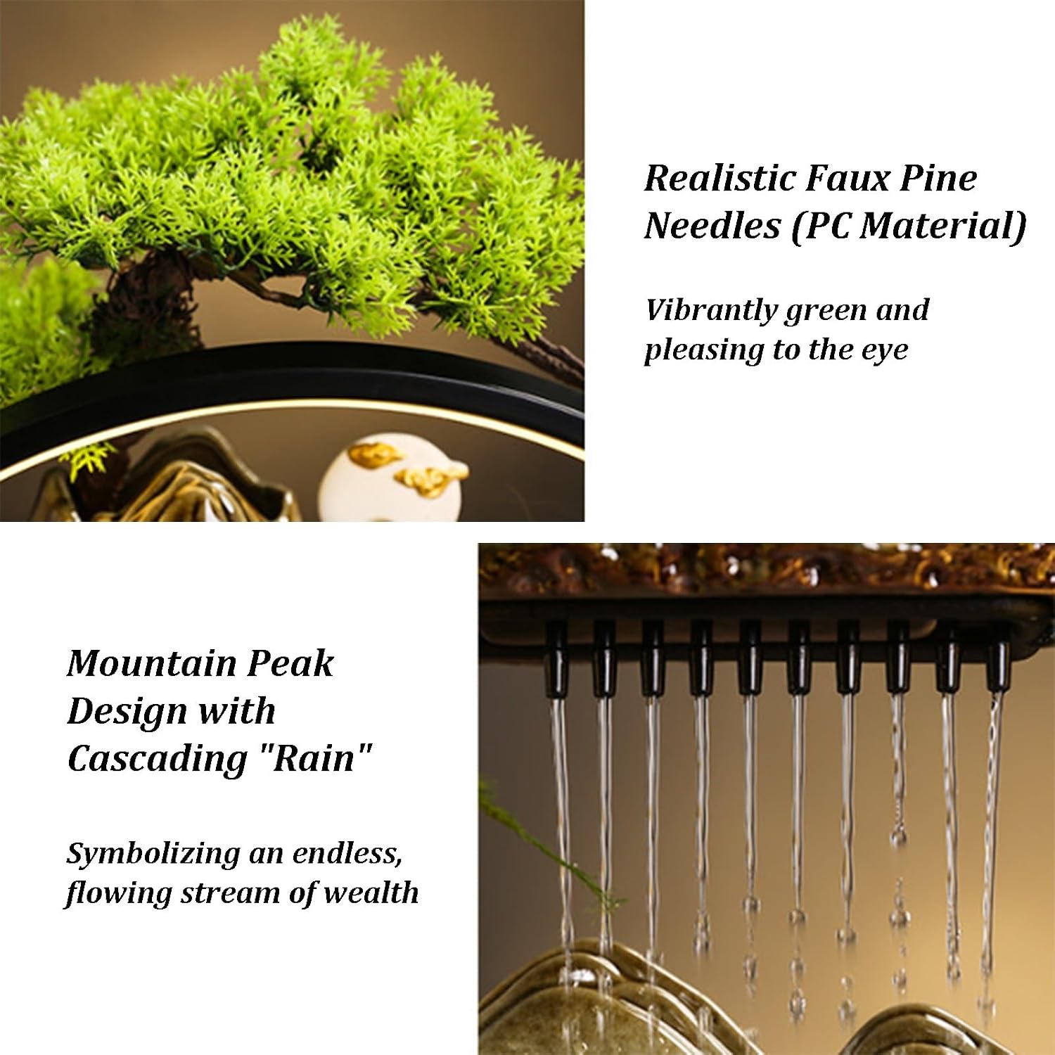 Tabletop Fountain with LED Light, Indoor Waterfall Fountain with Water Wheel & Wood Base, Chinese-Style Creative Water Feature for Office Living Room Bedroom(B)