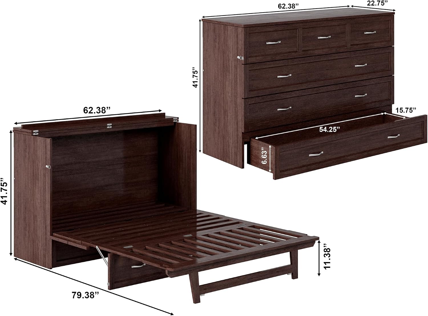 AFI, Northfield Murphy Bed Chest Queen with 6' Mattress, Storage Drawer & Built-in USB Charger, Burnt Amber
