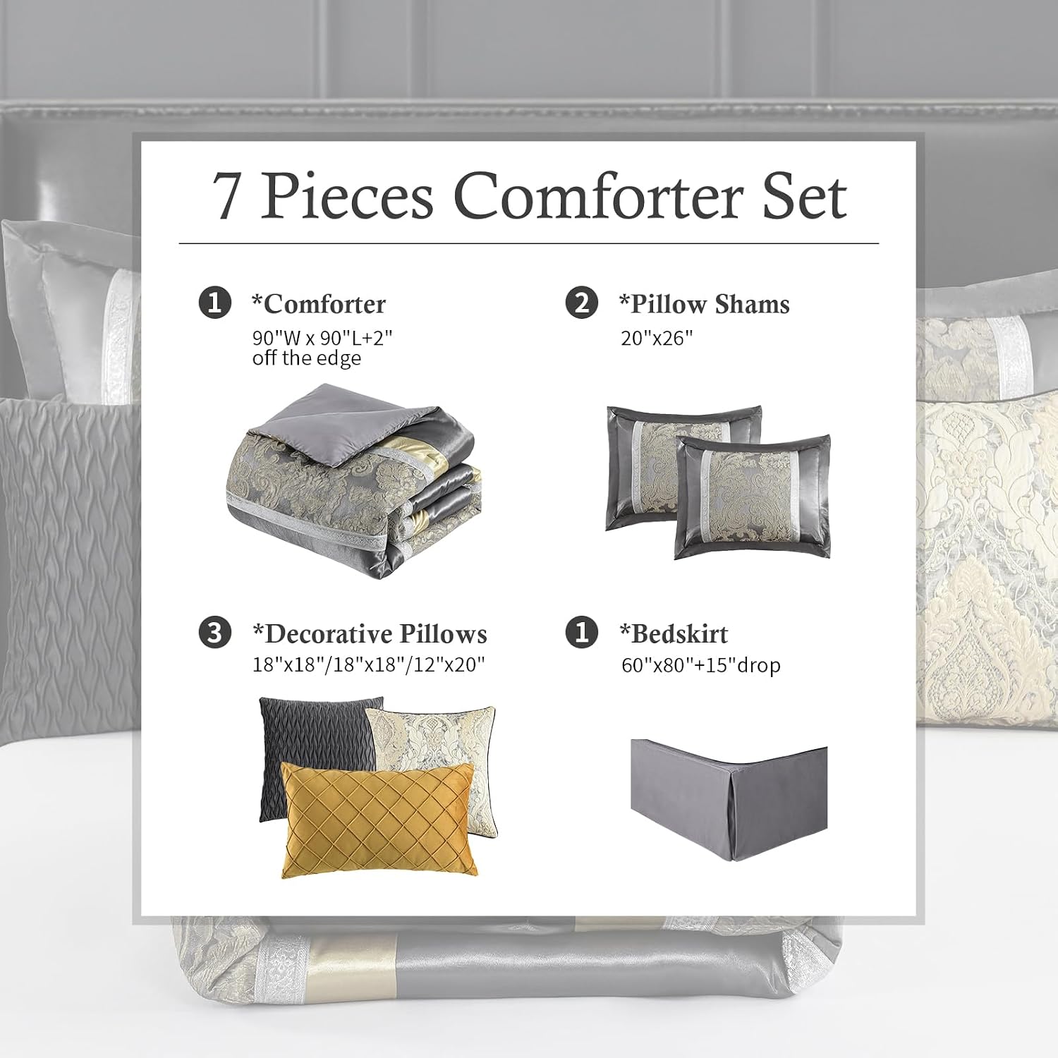 Finlonte Queen Size Comforter Set, Gray Gold, 7 Piece Bed in a Bag All Seasons, Luxury Vintage Floral Jacquard Patchwork Grey Stripe, Silky Soft Bedding Sets with Bed Skirt, Shams and Decor Pillows