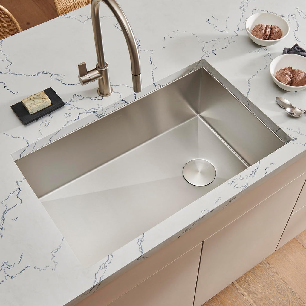 Ruvati 32-inch Rounded Corners Slope Bottom Offset Drain Reversible Kitchen Sink - 16 Gauge Stainless Steel Kitchen Sink with Brushed Finish hides scratches, Easy-to-Clean Undermount Sinks - RVH7490
