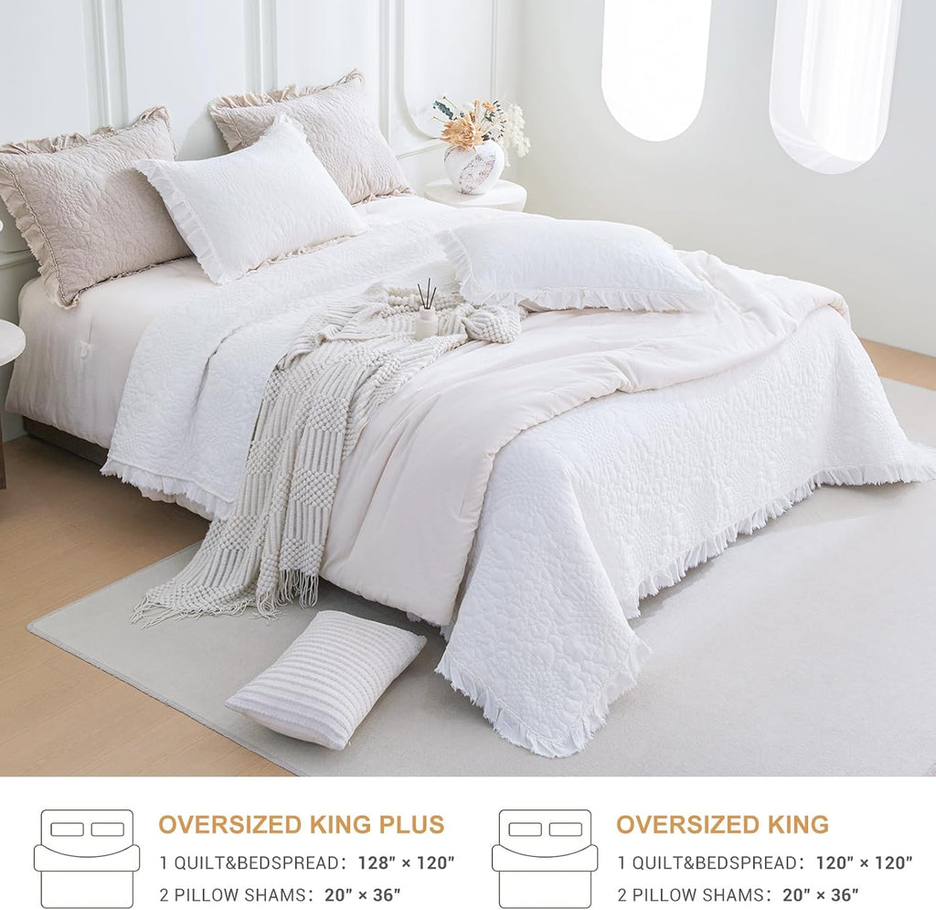 QSH Bright White Stonewashed Cotton Oversized King Quilt Bedspread Set(120'x120'),3PCs Shabby Ruffled Quilt California King,Ultra Soft Lightweight Crinkled Farmhouse Chic Bedspread Coverlet Bed Set
