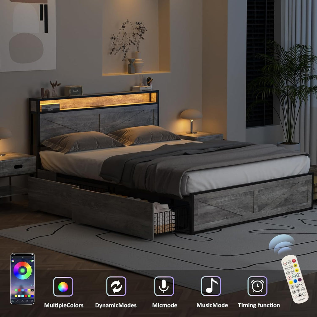 Halitaa LED Queen Size Bed Frame with Charging Station & 4 Drawers, Platform Metal Bed with Headboard USB Ports Outlets, Farmhouse Bed Frame with LED Lights, Noise Free, Wash Grey (Queen)