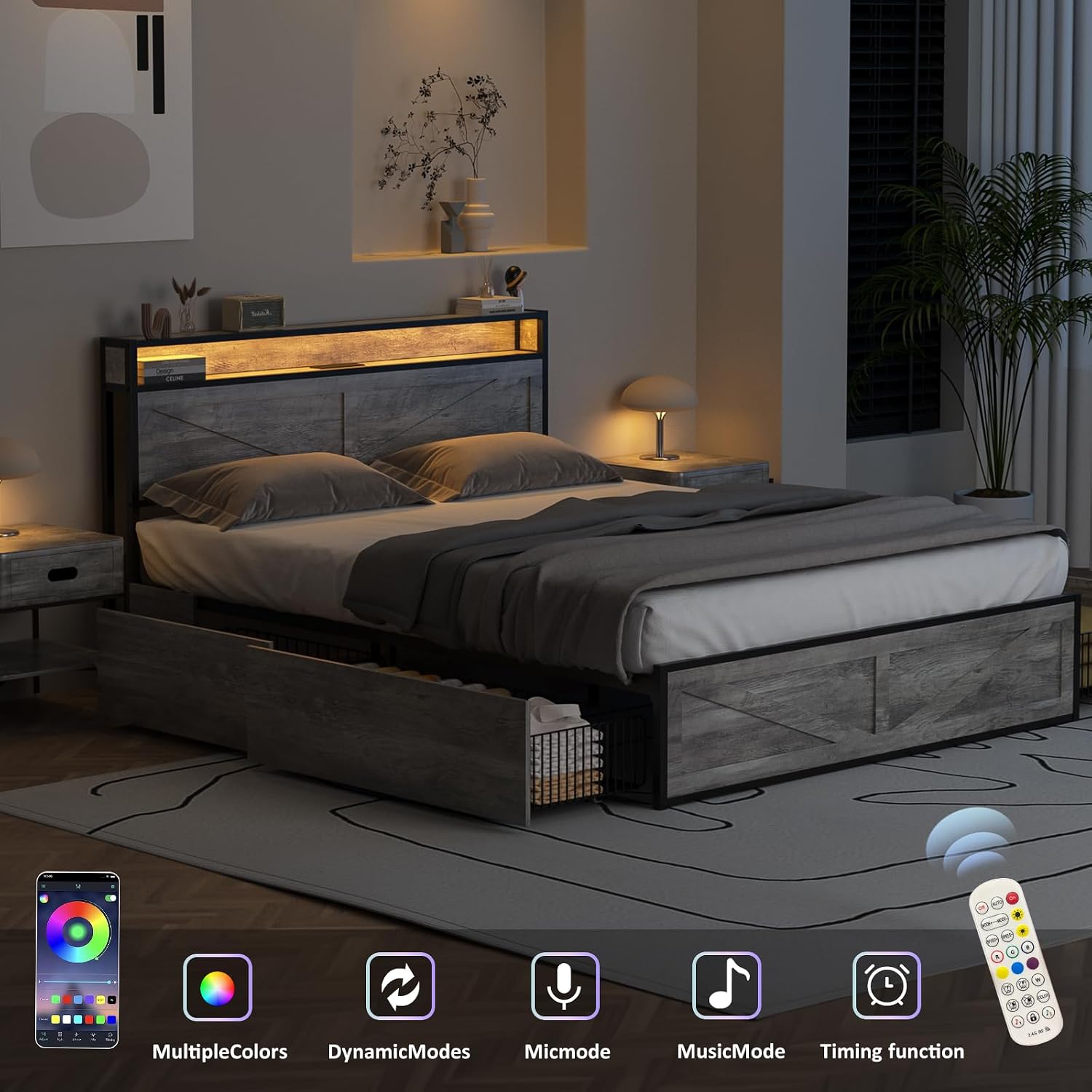Halitaa LED Queen Size Bed Frame with Charging Station & 4 Drawers, Platform Metal Bed with Headboard USB Ports Outlets, Farmhouse Bed Frame with LED Lights, Noise Free, Wash Grey (Queen)