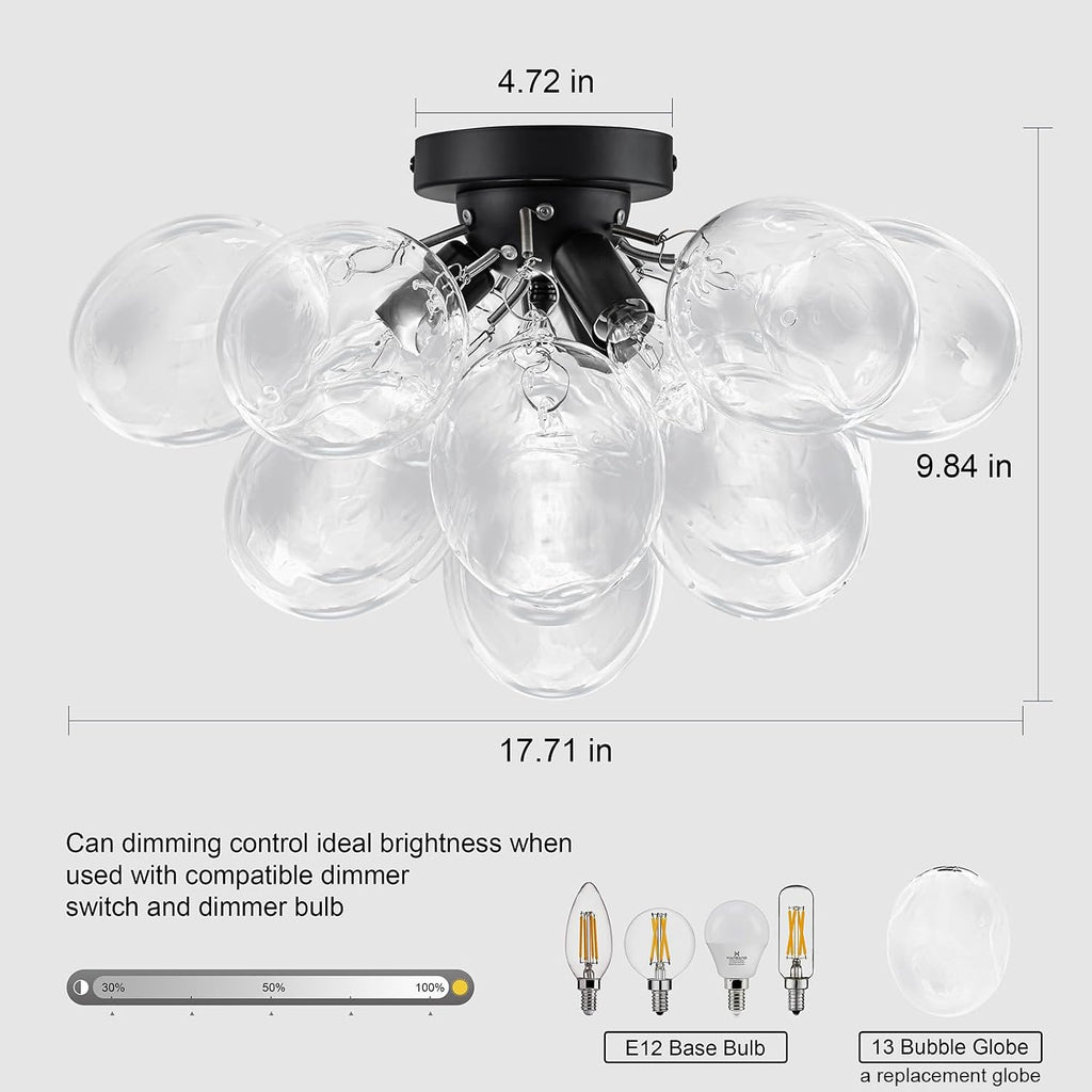 GoYeel Bubble Flush Mount Ceiling Light 17.72'-Black Small Chandelier Glass Globe Kitchen Lights Ceiling with 13 Clear Glass Globe for Kid Room Girls Room Foyer Living Room