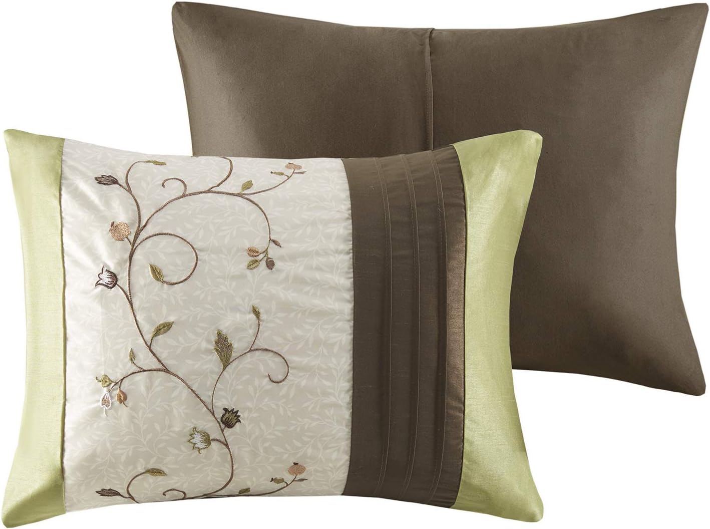 Madison Park Serene Faux Silk Comforter Set - Floral Embroidery Design, All Season Bedding Set, Matching Bed Skirt, Decorative Pillows, Green Queen(90'x90') 7 Piece