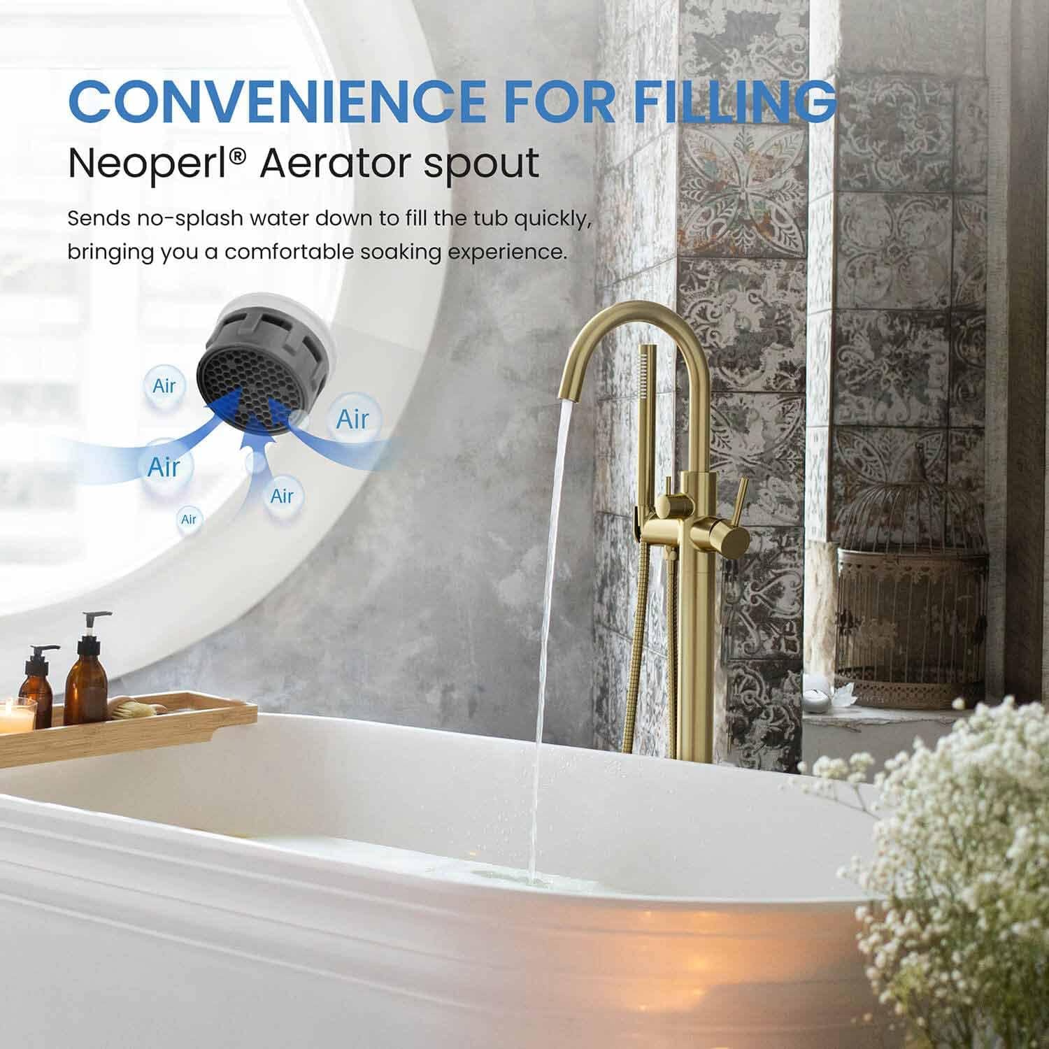KIBI Circular Floor Mount Bathtub Faucet with Hand Shower | Single Handle Freestanding Tub Filler | Modern Bath Faucet | Brushed Gold Finish | Solid Brass | KTF301
