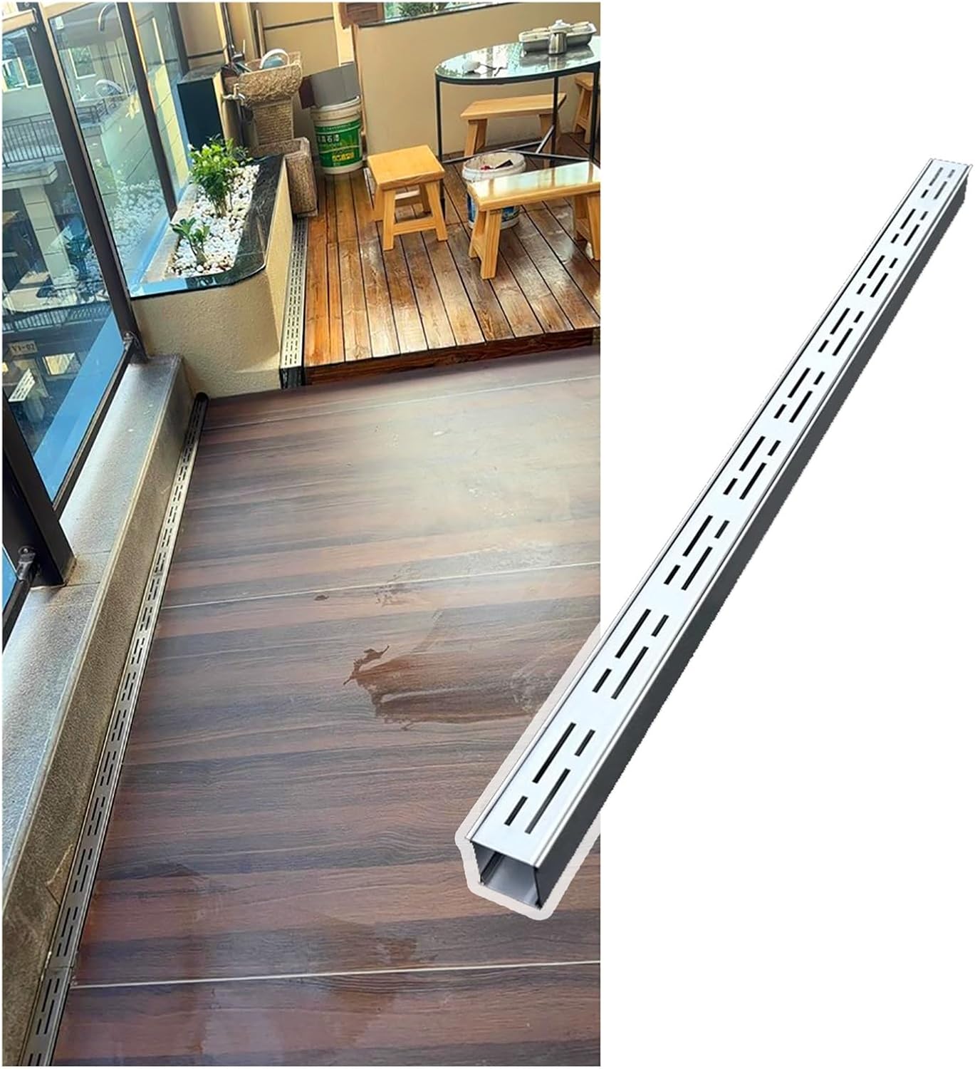 78.7in/ 6.5ft Long Trench Drain System for Yard Low Profile/ Patio/ Driveway, Heavy Duty 2-in Slim Channel Drain and Grate Kit, 4' 2 4/5 Wide Stainless Steel Outdoor Linear Drain Channel(W x H - 2 4/5