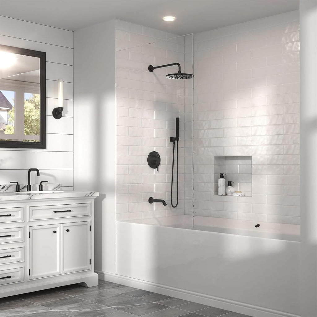 Lava Odoro Modern 3-Setting Round Rain Bathtub and Shower Faucet Set, Black Rainfall Shower Head and Handle Set, Rain Shower System with Tub Spout, Shower Valve Trim Kit, Matte Black, SF104-MB-T