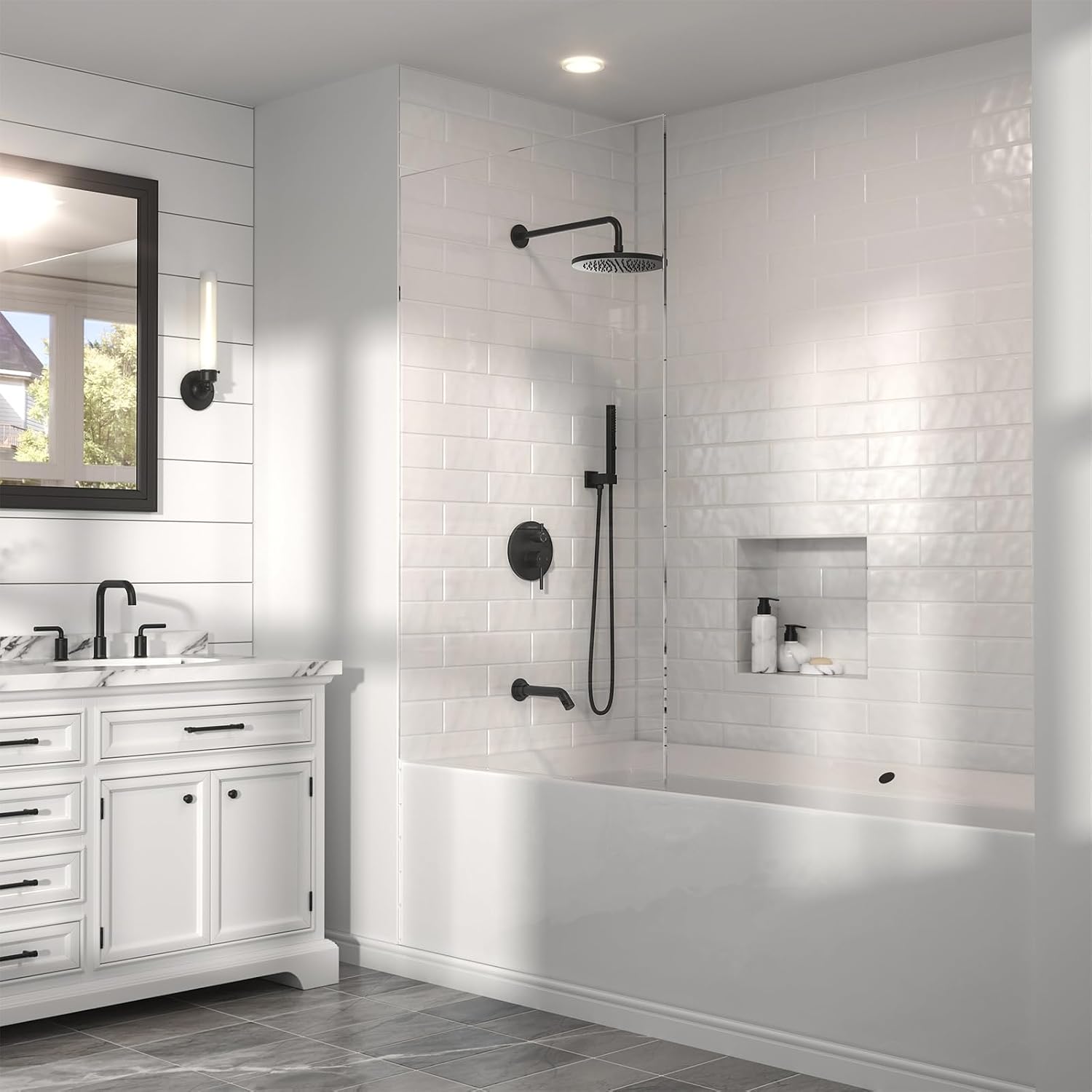 Lava Odoro Modern 3-Setting Round Rain Bathtub and Shower Faucet Set, Black Rainfall Shower Head and Handle Set, Rain Shower System with Tub Spout, Shower Valve Trim Kit, Matte Black, SF104-MB-T