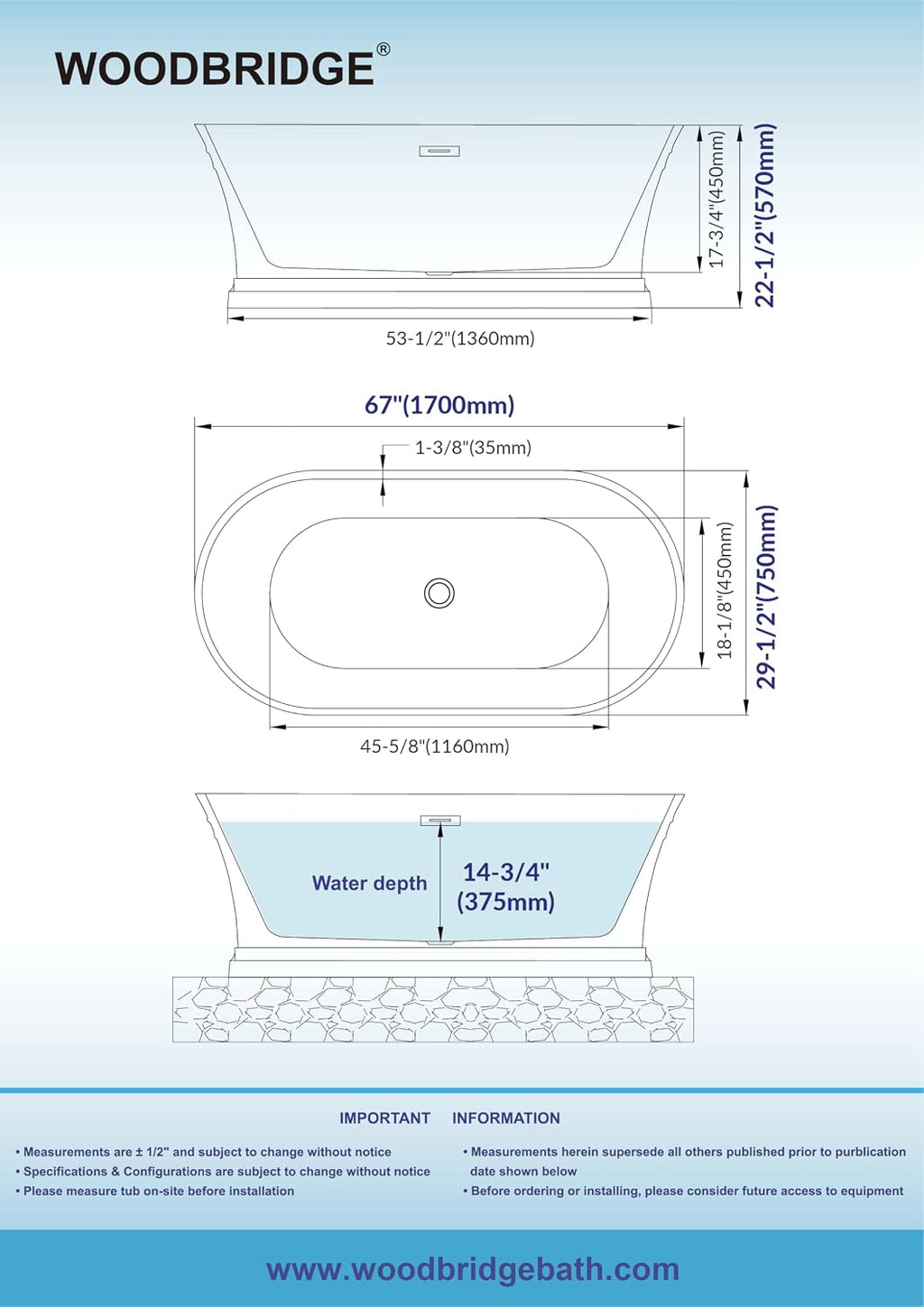 WOODBRIDGE 67'Freestanding White Acylic Soaking Bathtub with Matte Black Drain and Overflow,BTA1537 -MB