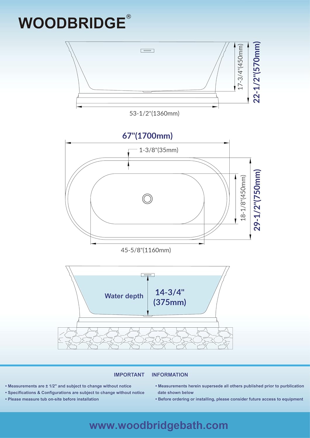 WOODBRIDGE 67'Freestanding White Acylic Soaking Bathtub with Matte Black Drain and Overflow,BTA1537 -MB