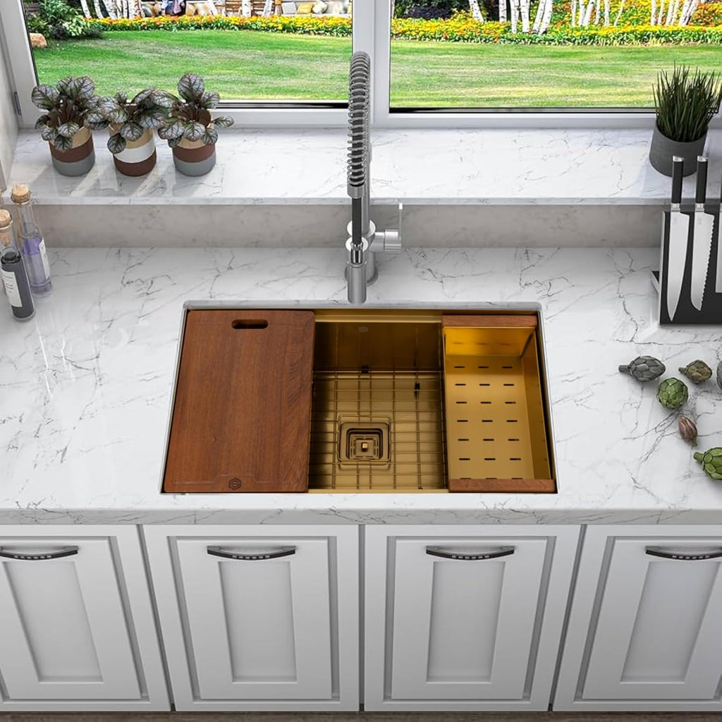 Strictly Sinks Undermount Workstation Kitchen Sink – 32 Inch 16 Gauge Embossed Hexagon Texture Gold Kitchen Sink with Grid, Wood Cutting Board, Colander, 1 Strainer Drain & 1 Garbage Disposal Adapter