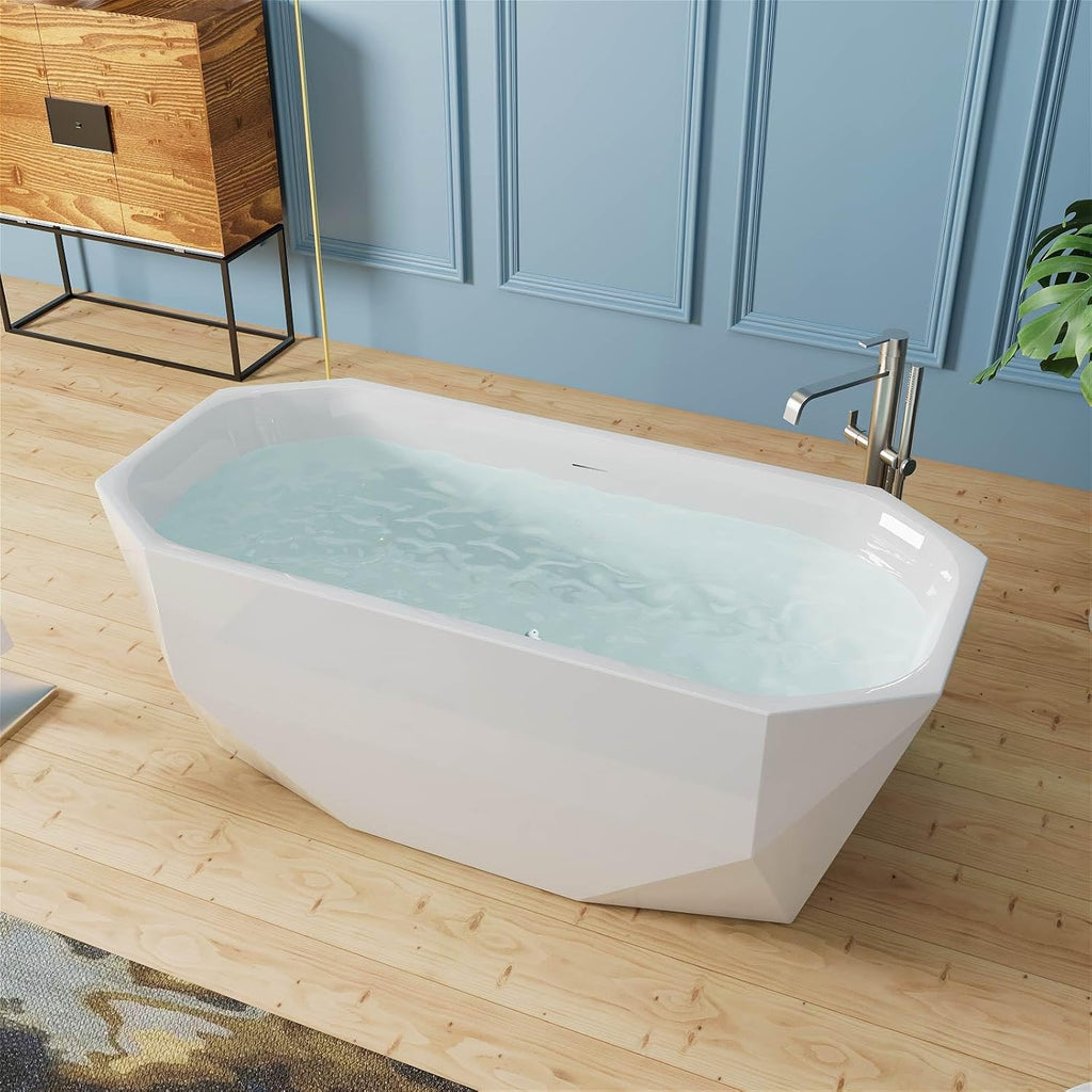 63' Acrylic Freestanding Bathtub, Irregular Diamond Shape Free Standing Tub, Soaking Tub with Integrated Slotted Overflow, Toe-Tap Chrome Drain, cUPC Certified, Glossy White