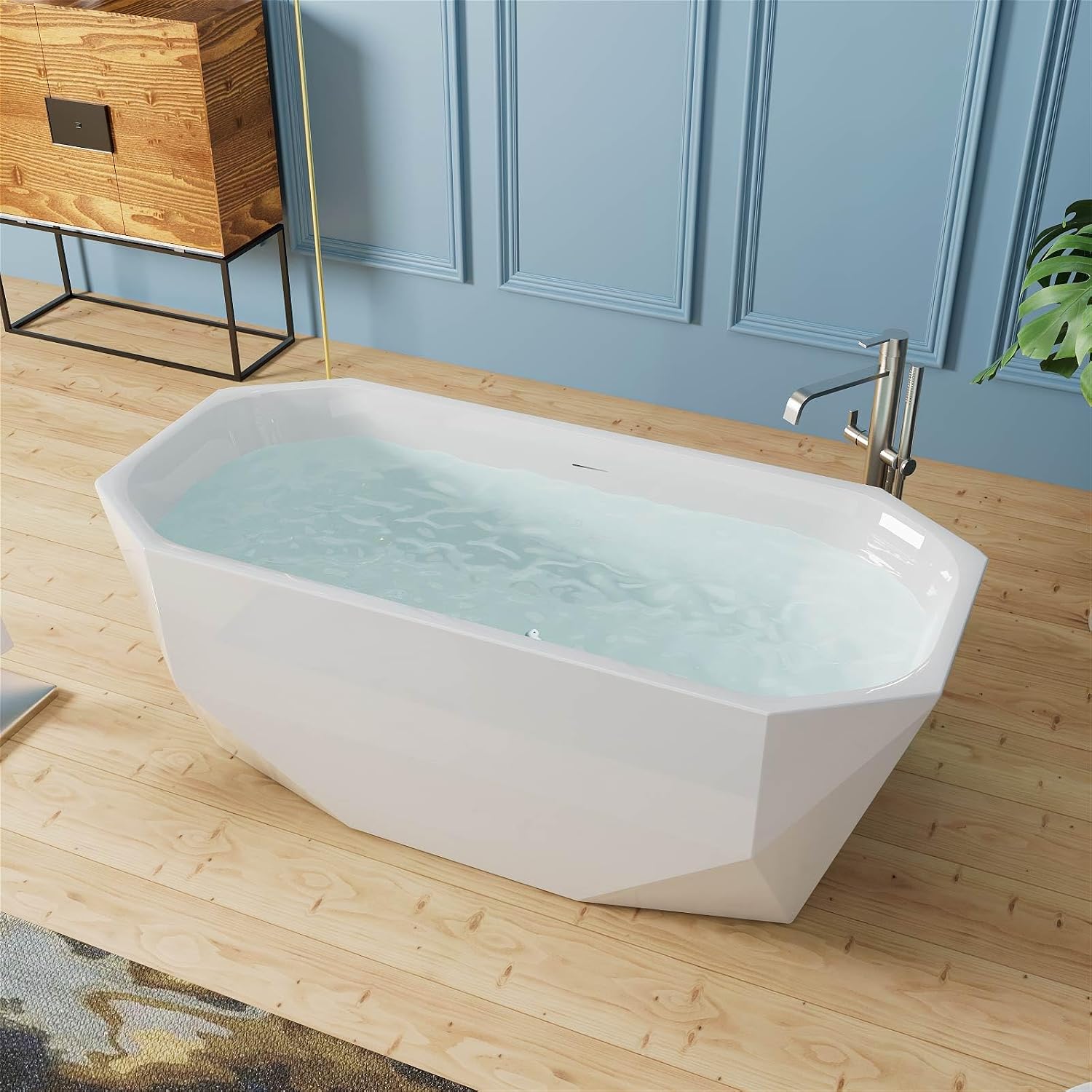 63' Acrylic Freestanding Bathtub, Irregular Diamond Shape Free Standing Tub, Soaking Tub with Integrated Slotted Overflow, Toe-Tap Chrome Drain, cUPC Certified, Glossy White