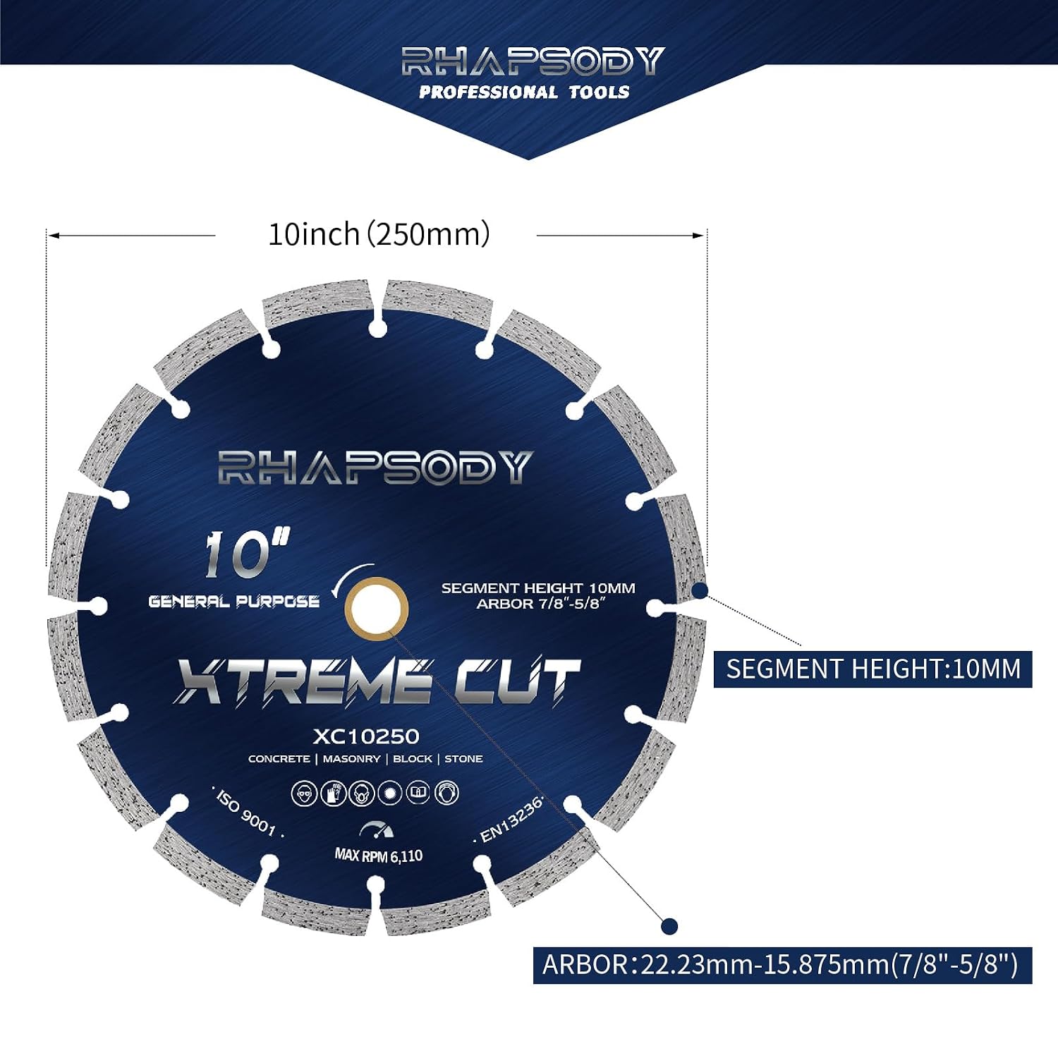 RHAPSODY 10 Inch Diamond Saw Blade 5Pcs, Segmented General Purpose Blade Dry/Wet Cutting Concrete, Masonry,Granite,Brick, Block,7/8'-5/8' Arbor