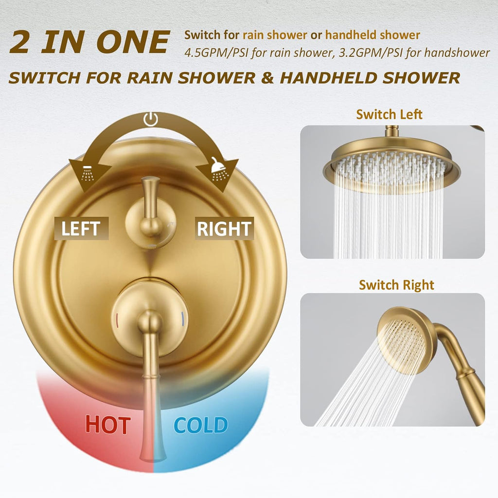 Roman Bathroom Faucet Set, Centerset Sink Faucet 2 Hole with Pop Up Drain, Free Standing Tub Faucet Filler with High Pressure Handheld Shower, Brushed Gold