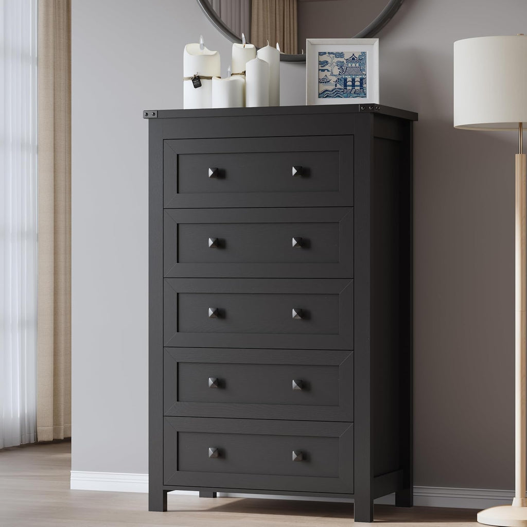 BORNOON Tall 5-Drawer Dresser, Modern Wooden Storage Chest of Drawers, Dresser TV Stand, Wood Drawer Organizer with Metal Handles for Bedroom, Living Room, Hallway