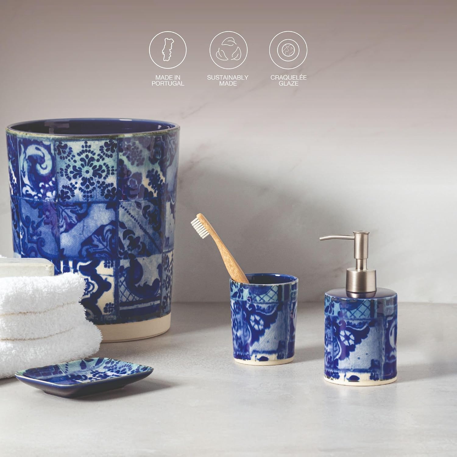 Costa Nova Ceramic Wastebasket Trash Can - Lisboa Collection, Blue Tile | Stoneware Bathroom Accessories | Quality Bath Decor | 8'' x 9.75'', 203 oz.