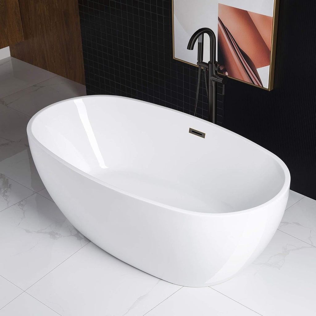 WOODBRIDGE 67' Acrylic Freestanding Bathtub Contemporary Soaking White Tub with Oil Rubbed Bronze Overflow and Drain，BTA1528-ORB