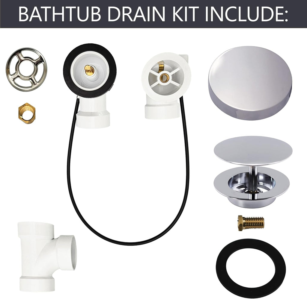 Westbrass D50P35SRE-26 35' Cable Drive Bathtub Drain Trim with Rotary Overflow Cover Knob, Pop-Up Stopper Sch. 40 PVC Fittings, Polished Chrome