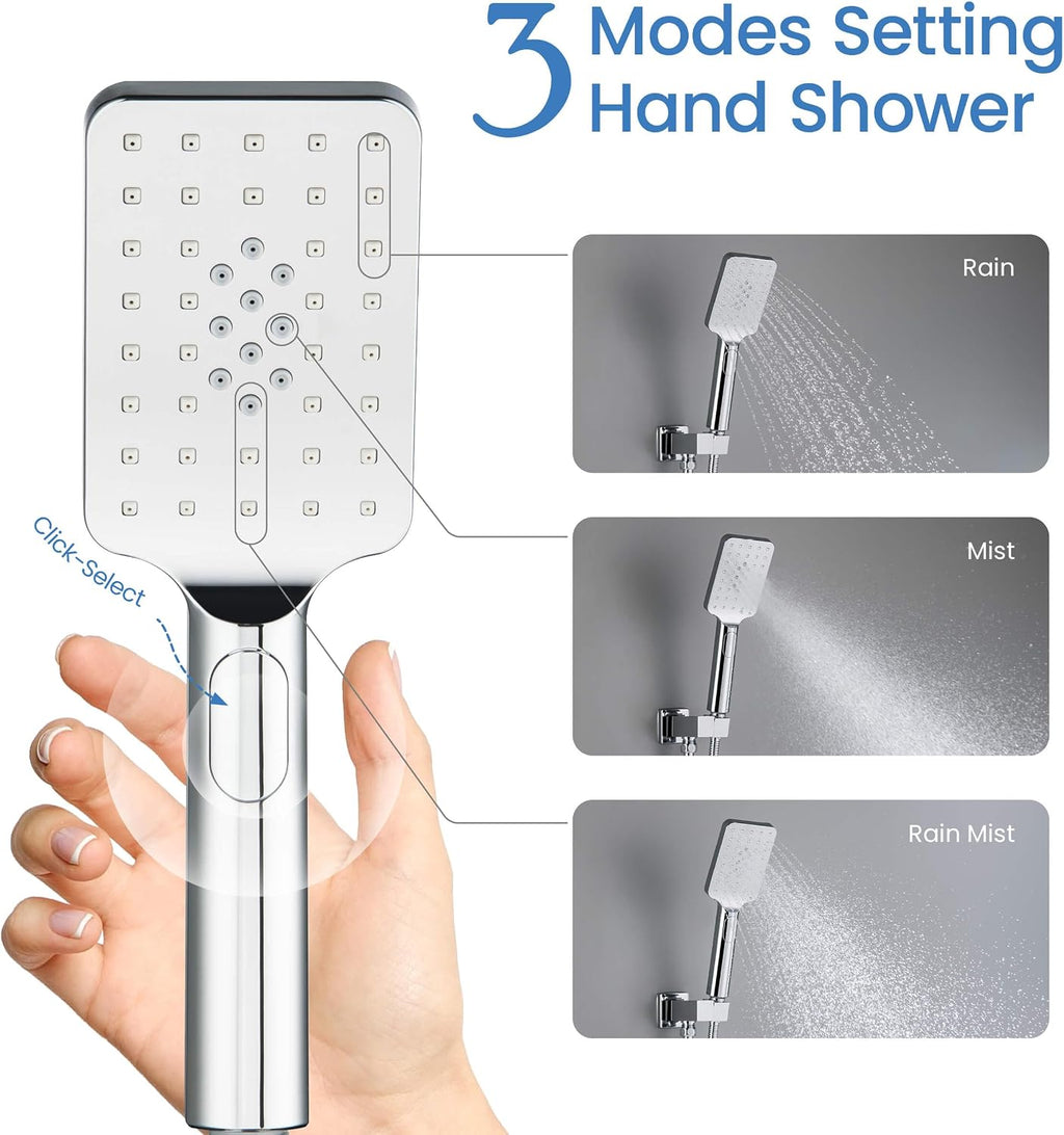 KIBI Cube Bathroom Shower System | 3-Function Wall Mounted Shower Faucet Set with Solid Brass Pressure Balanced Valve | 15-inch Long Shower Arm | Three Hand Shower Modes | Chrome Finish (KSF406)