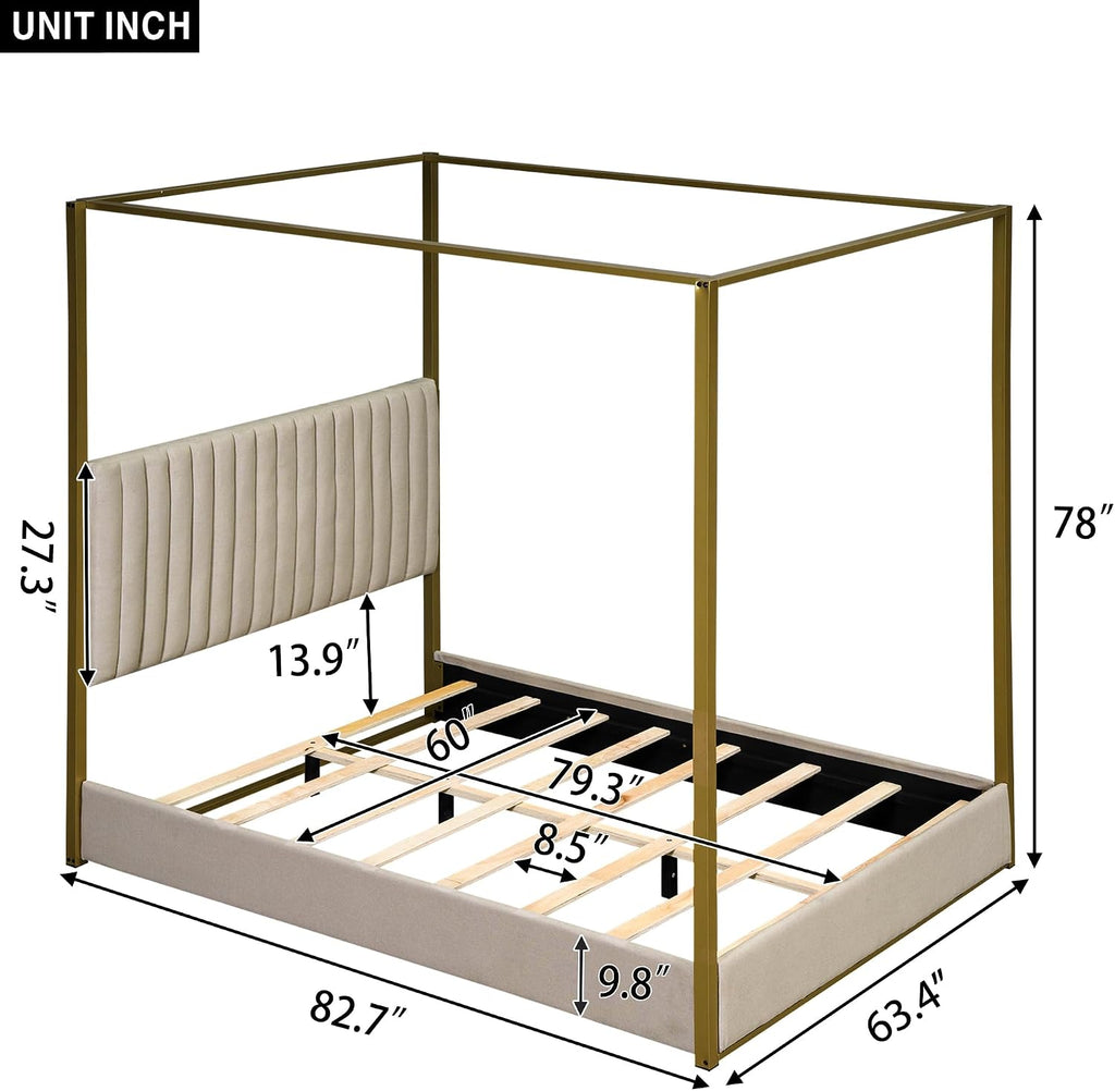 LUMISOL Queen Size Metal Canopy Bed Frame, 4 Poster Canopy Bed with Tall Upholstered Headboard, Upholstered Low Profile Canopy Platform Bed, No Box Spring Needed, Beige + Gold
