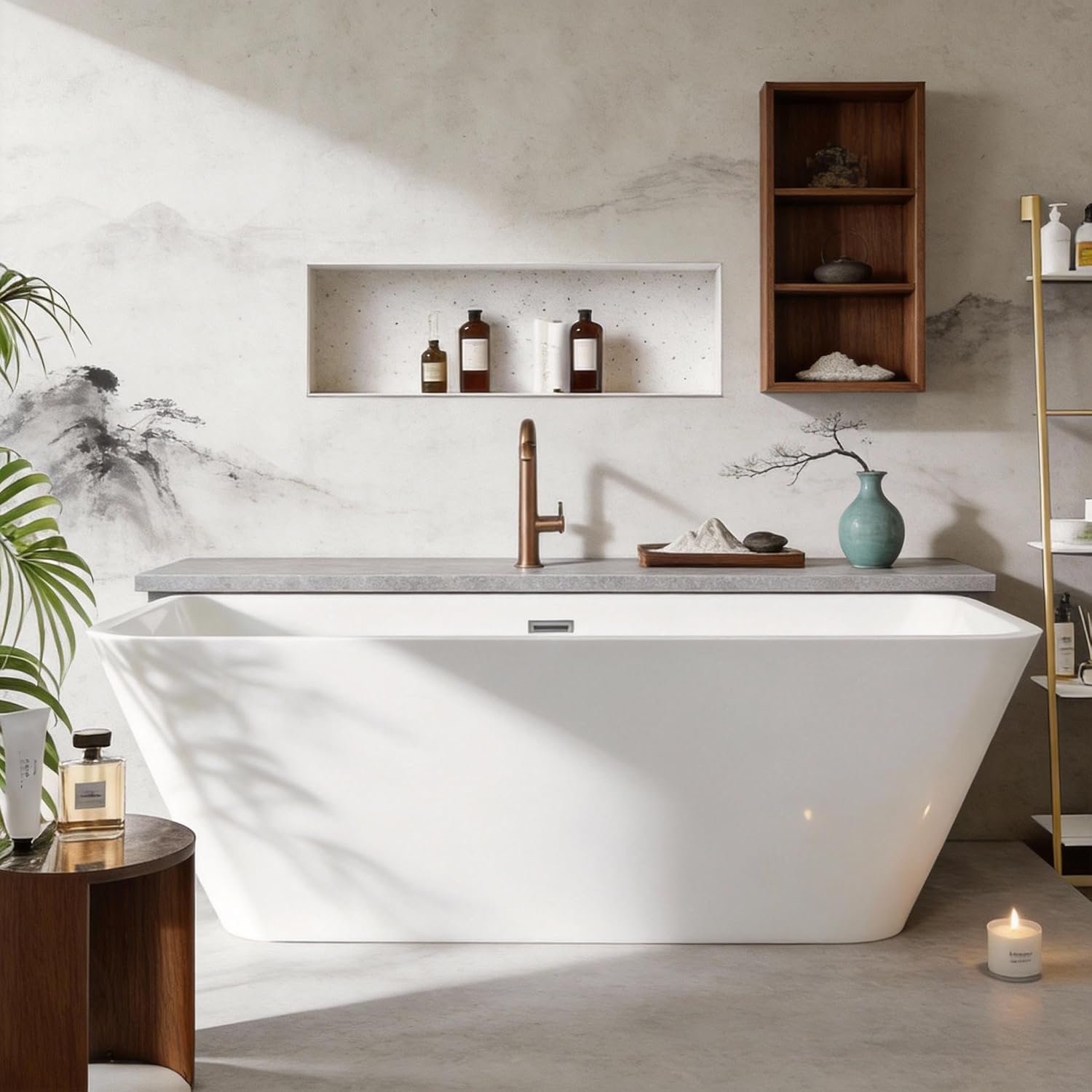 59' Acrylic Freestanding Soaking Bathtub, Matte Drain & Black Overflow, Modern Design Tub for Home Bathroom Renovations, Glossy White