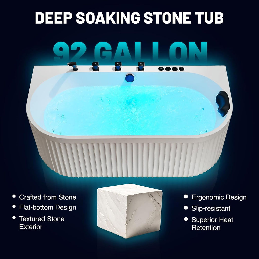ANZZI Stone Bell 67' x 32' Freestanding Bathtub, Center Drain | Flat Bottom Tub with Air and Whirlpool Massage Jets, Lights, 5-Piece Faucet, 92 Gallon Free Standing Tub - White and Black