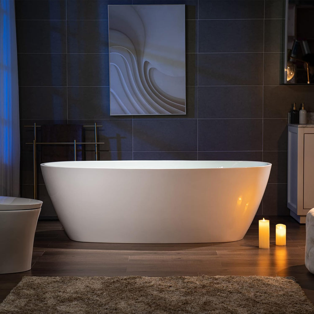 WOODBRIDGE 71' Acrylic Freestanding Bathtub Contemporary Soaking Tub, White Acrylic,Brushed Gold Drain/Overflow