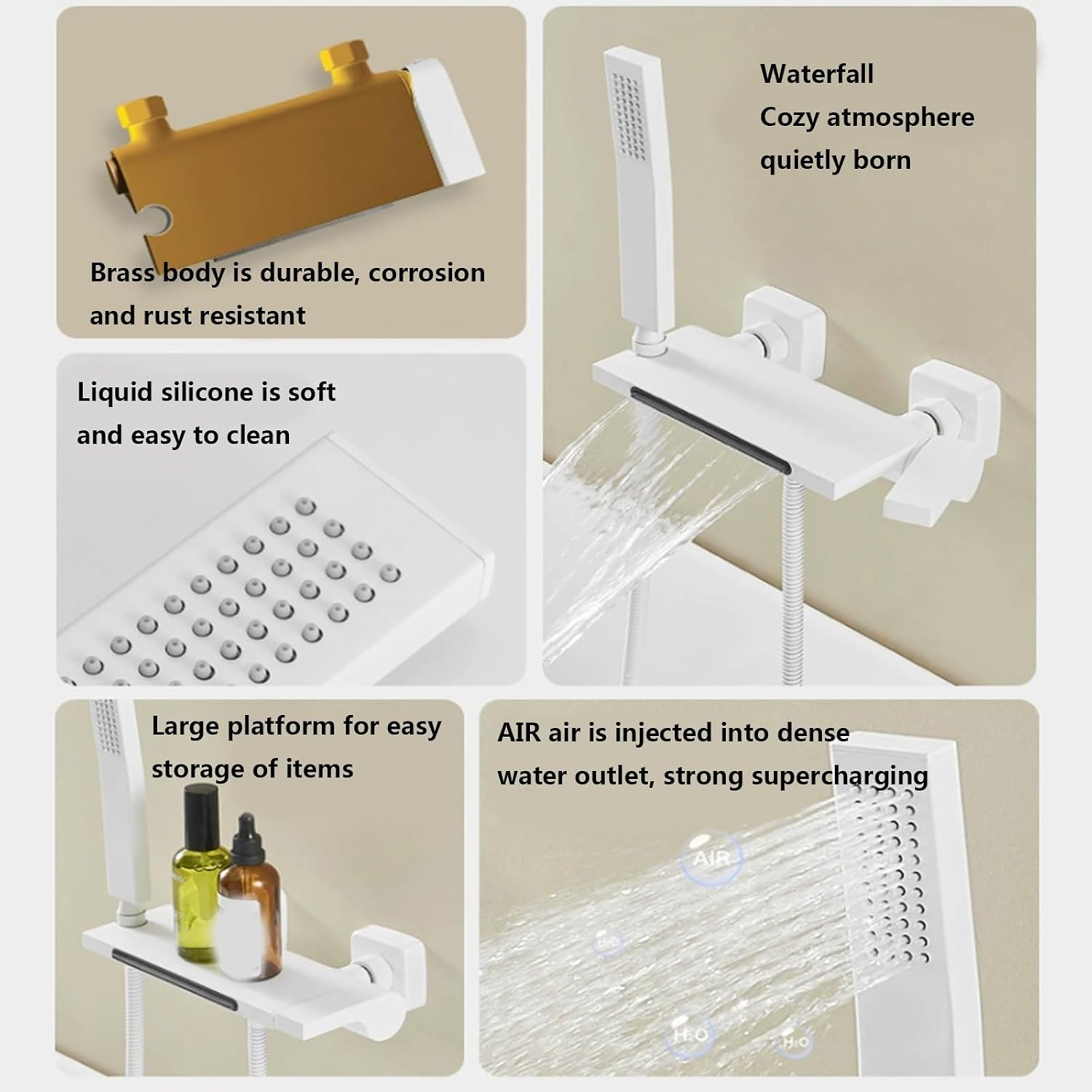 Easy Shower Set, Bathroom Shower Set, Utility Shower Set with Large Shelf, Waterfall Drain, Brass Body, Booster Shower Head, Silicone Spout, Suitable for Bathroom, Hotel, Gym, Pet Shop ( Color : Typic