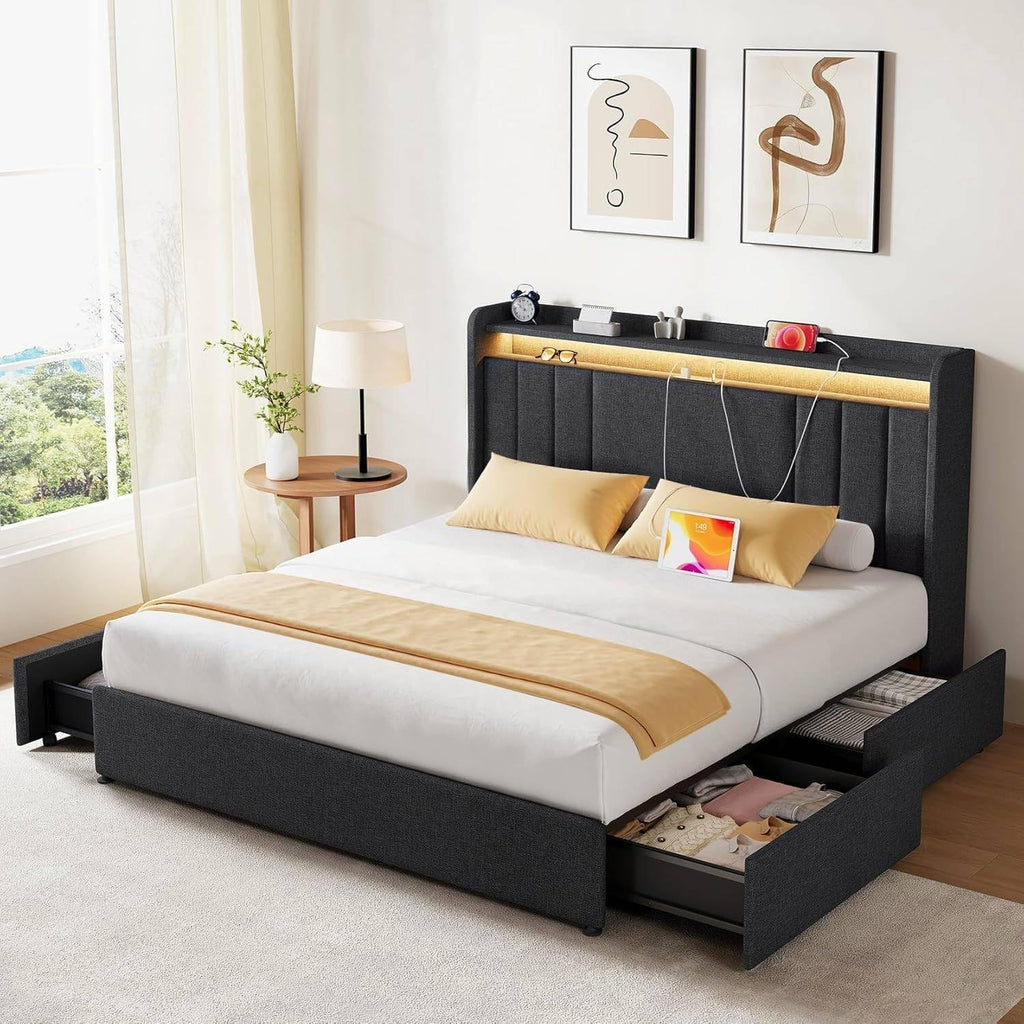 Koorlian Queen Size Upholstered Bed Frame with 2-tier Storage Headboard and 4 Dustproof Drawers, 51'' Tall LED Platform Bed Frames with Adjustable Headboard, USB/Type-C Charging and Side Storage, Grey
