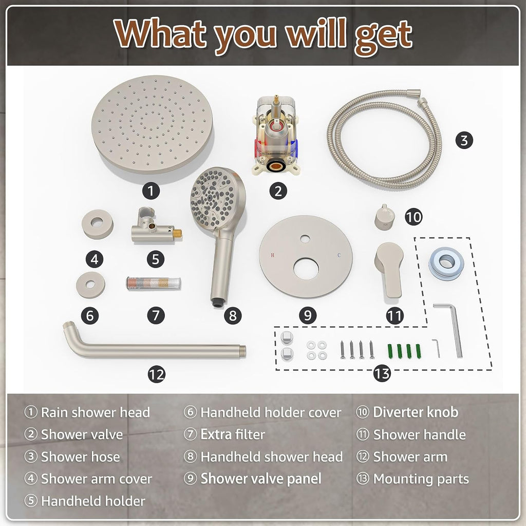 Iriber Brushed Nickel Round Rain Shower System Faucet Set，Bathroom Filtered Shower Head with Handheld, 9 Spray Mode Showerhead with Filters,Shower Valve Trim Kit Contain Cartridge,10 Inch