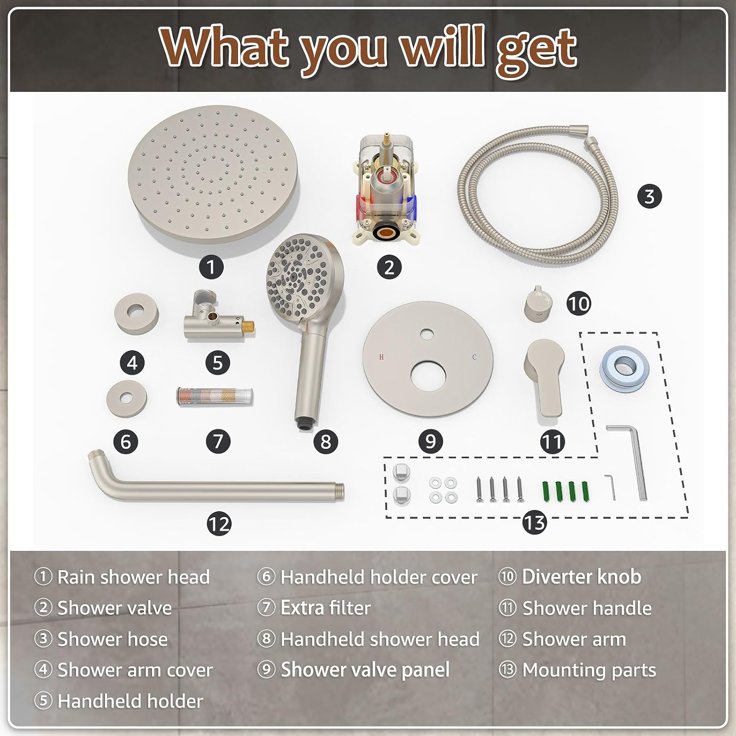 Iriber Brushed Nickel Round Rain Shower System Faucet Set，Bathroom Filtered Shower Head with Handheld, 9 Spray Mode Showerhead with Filters,Shower Valve Trim Kit Contain Cartridge,10 Inch