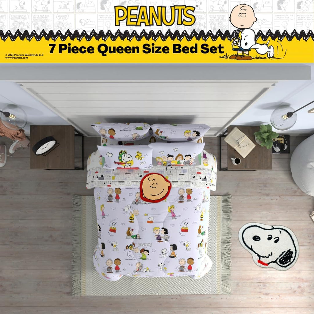 Peanuts Charlie Brown, Snoopy & Gang Bedding, 7 Piece Super Soft Cozy Reversible Comforter and Sheet Set with Sham, Queen, (100% Official Licensed Product) by Franco Collectibles