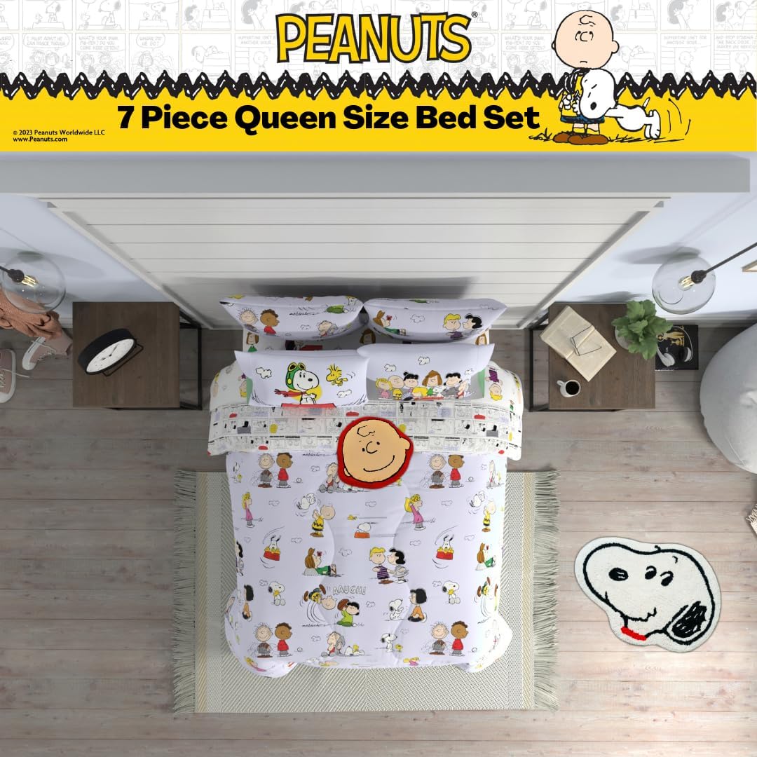 Peanuts Charlie Brown, Snoopy & Gang Bedding, 7 Piece Super Soft Cozy Reversible Comforter and Sheet Set with Sham, Queen, (100% Official Licensed Product) by Franco Collectibles