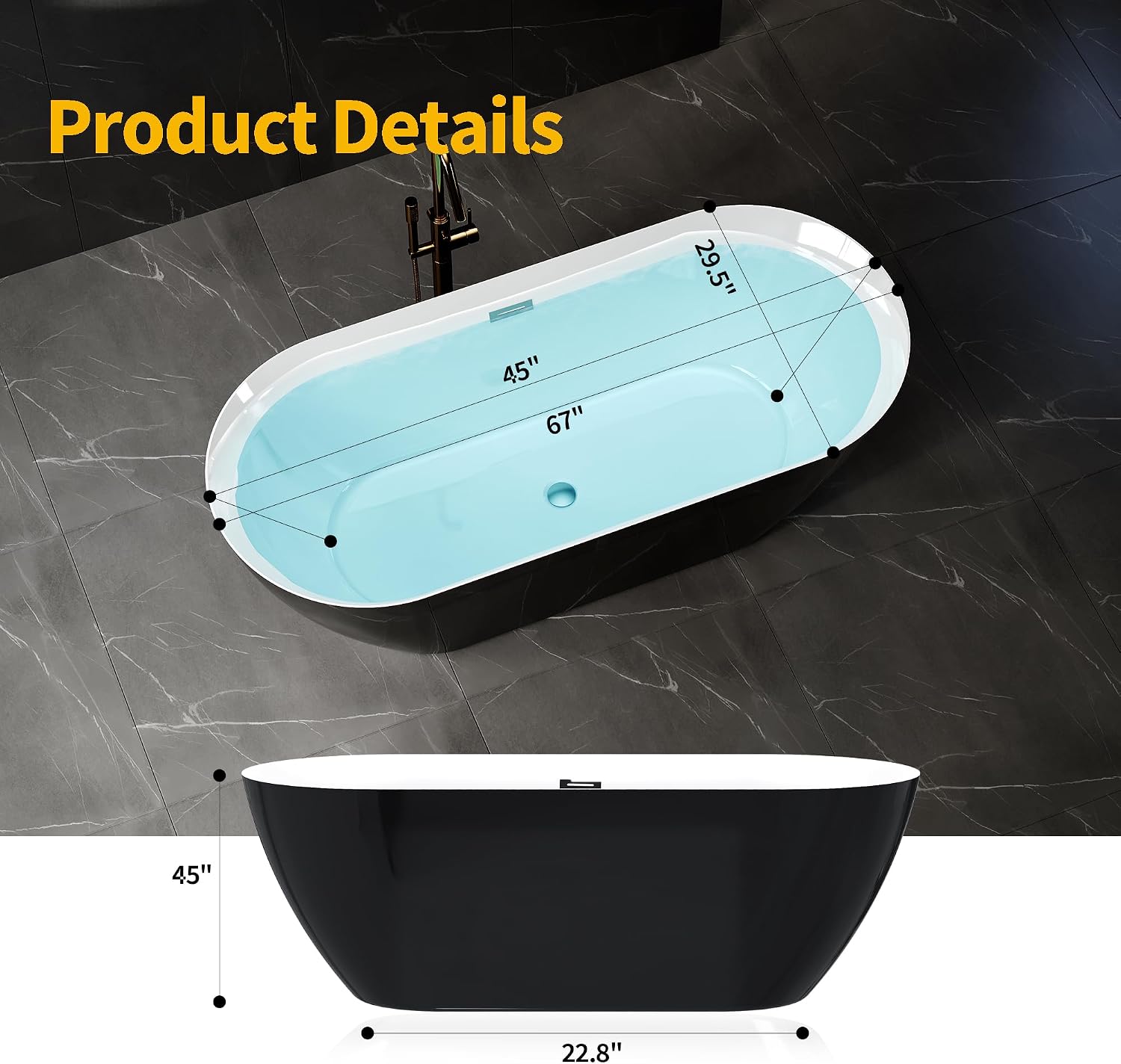 GarveeHome 67 Inch Acrylic Freestanding Bathtub, Deep Soaking Tub with White Interior Black Exterior, Modern Oval Stand Alone Bath Tub for Bathroom, Non-Slip, Easy Install, Chrome Overflow & Drain