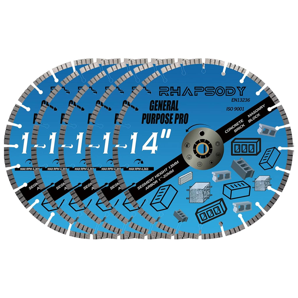 RHAPSODY 14 Inch Diamond Concrete Saw Blade 5pcs, Turbo Segmented General Purpose Blade Dry/Wet Cutting Concrete, Reinforced Concrete, Masonry, Brick, Block,1'-20mm Arbor