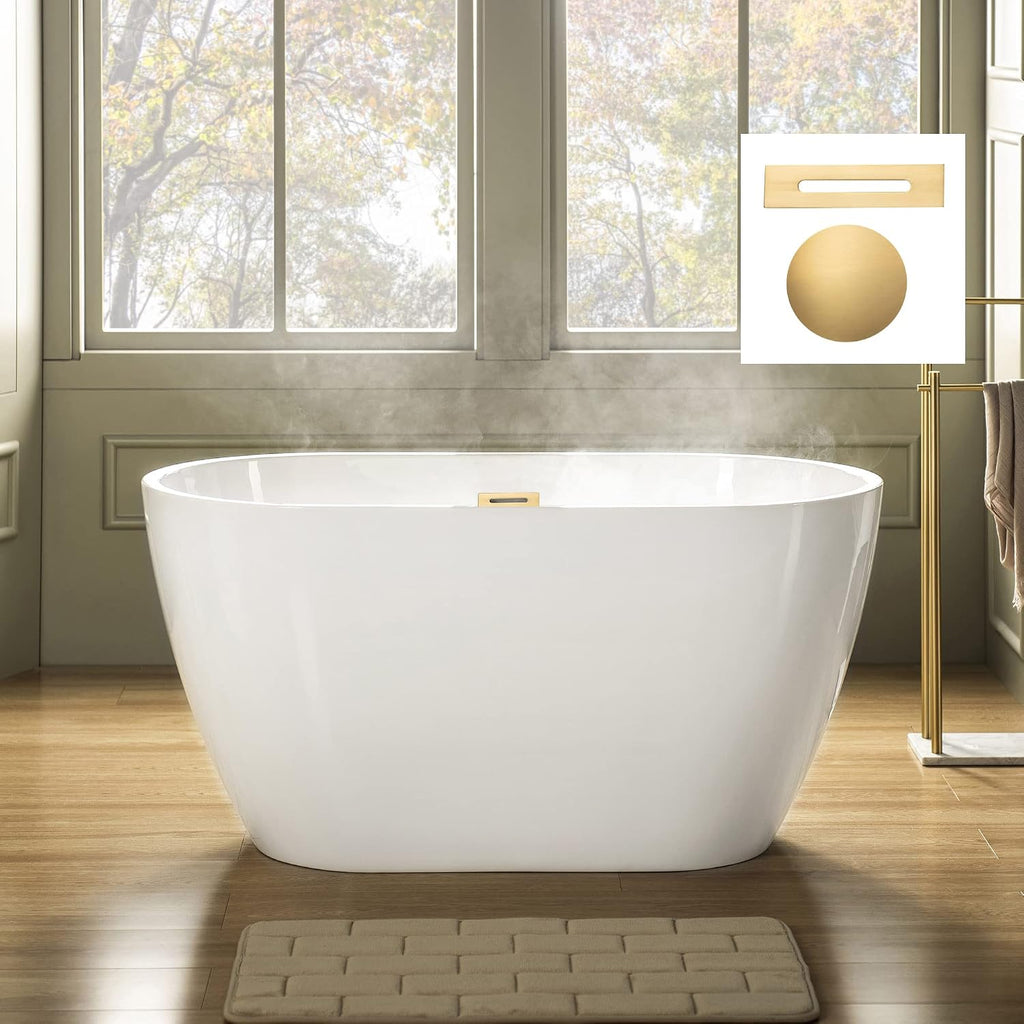 WOODBRIDGE 48' Acrylic Freestanding Bathtub Contemporary Soaking Tub, White Acrylic(Brushed Golden Drain/Overflow),BTA1703-BG-Drain&O