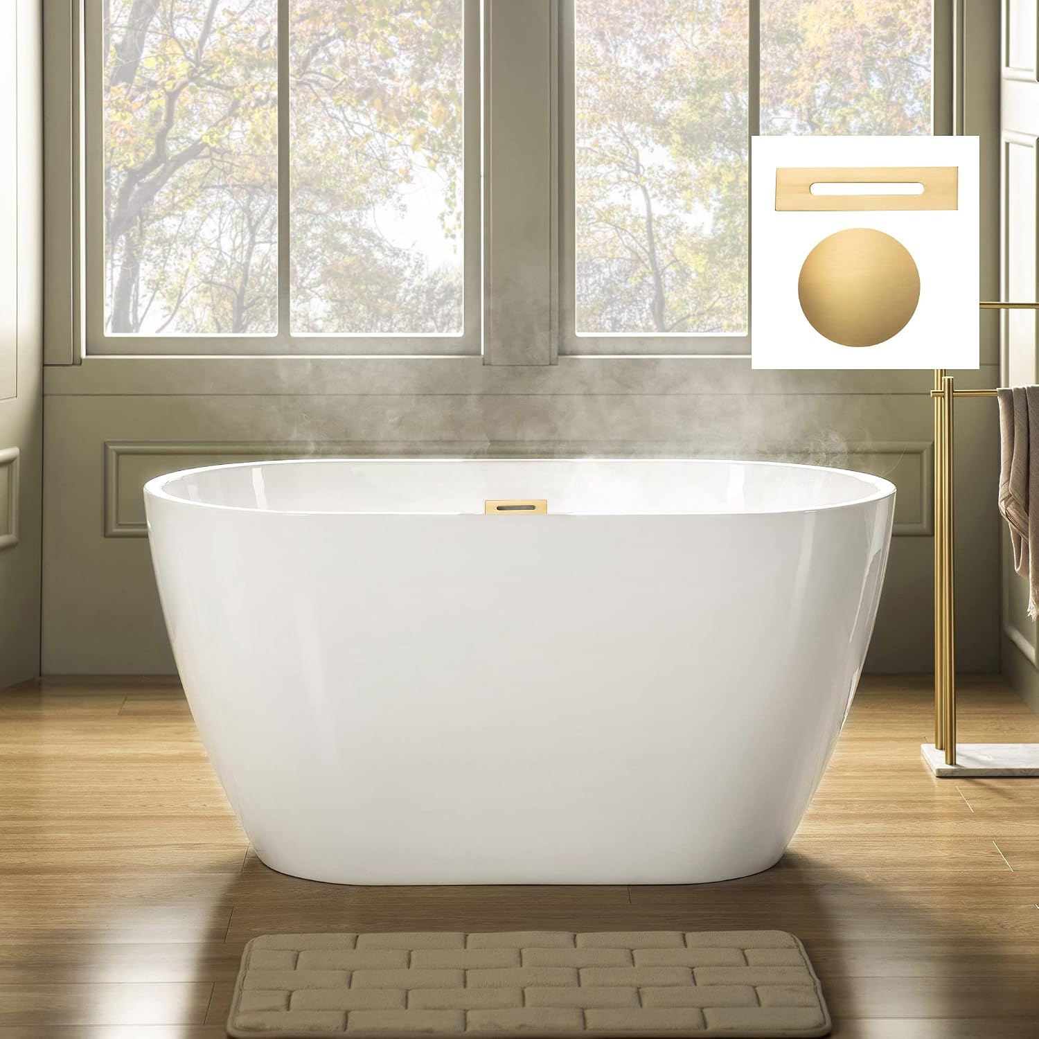 WOODBRIDGE 48' Acrylic Freestanding Bathtub Contemporary Soaking Tub, White Acrylic(Brushed Golden Drain/Overflow),BTA1703-BG-Drain&O
