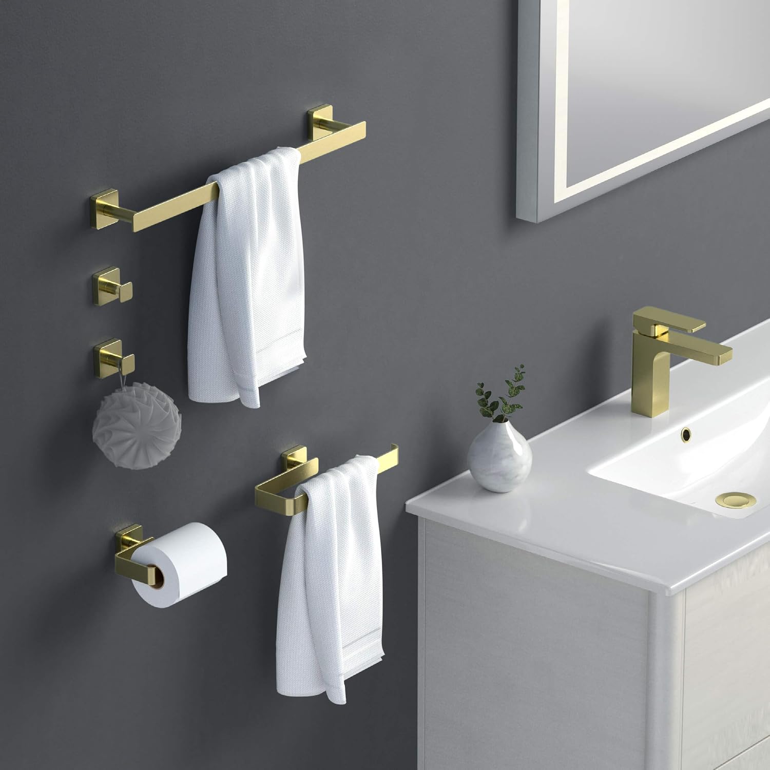 Kibi Blaze 5-Piece Bathroom Hardware Set – Includes 19 -Inch Hand Towel Bar and Holder, Toilet Paper Holder, Robe Hook – Wall Mounted, Solid Brass, Modern Bath Accessories (Brushed Gold, KBA16-5-1)