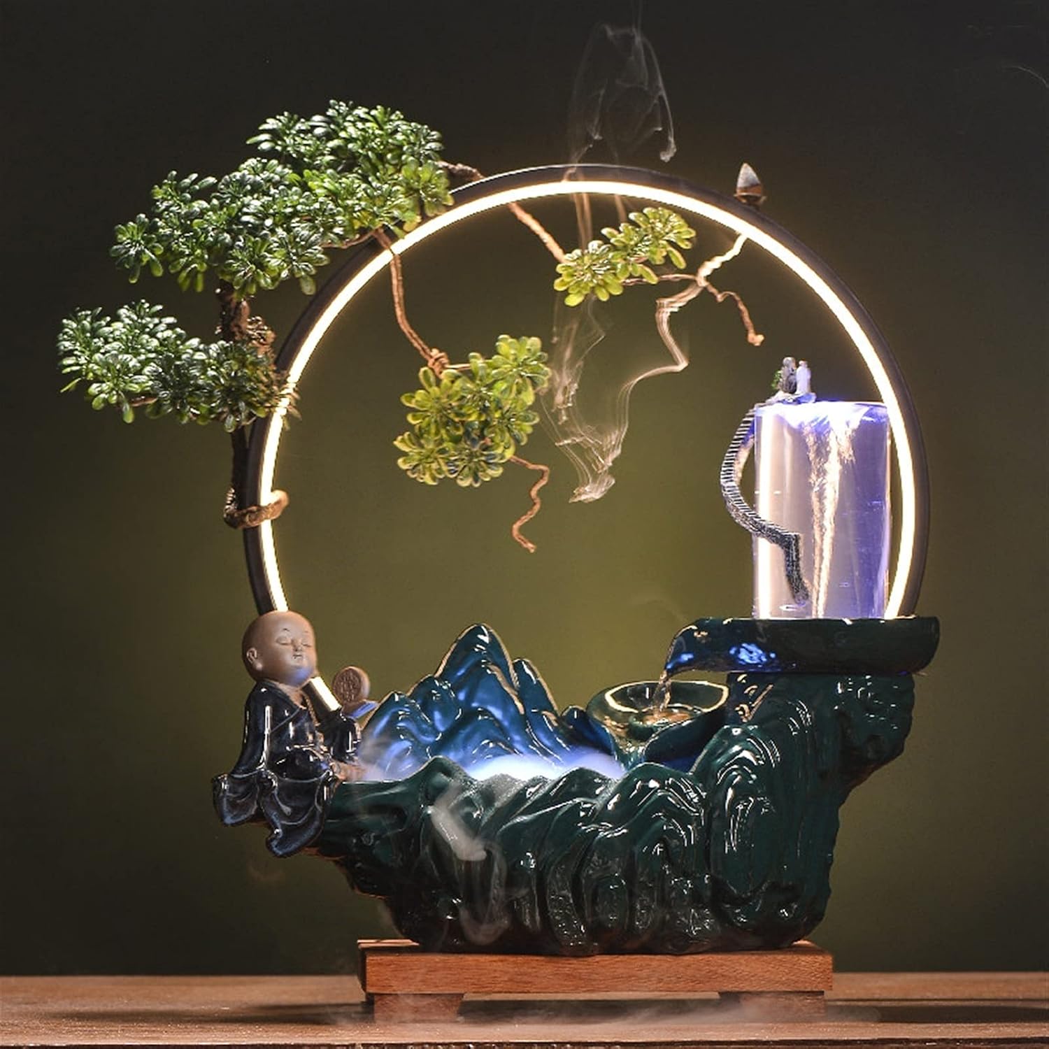 OMIDM Desktop Fountain Desktop Water Fountain - Tabletop Fountain with LED Lights and Backflow Incense Creative Vortex Circulating Water Desktop Decoration Desktop Fountain Waterfall