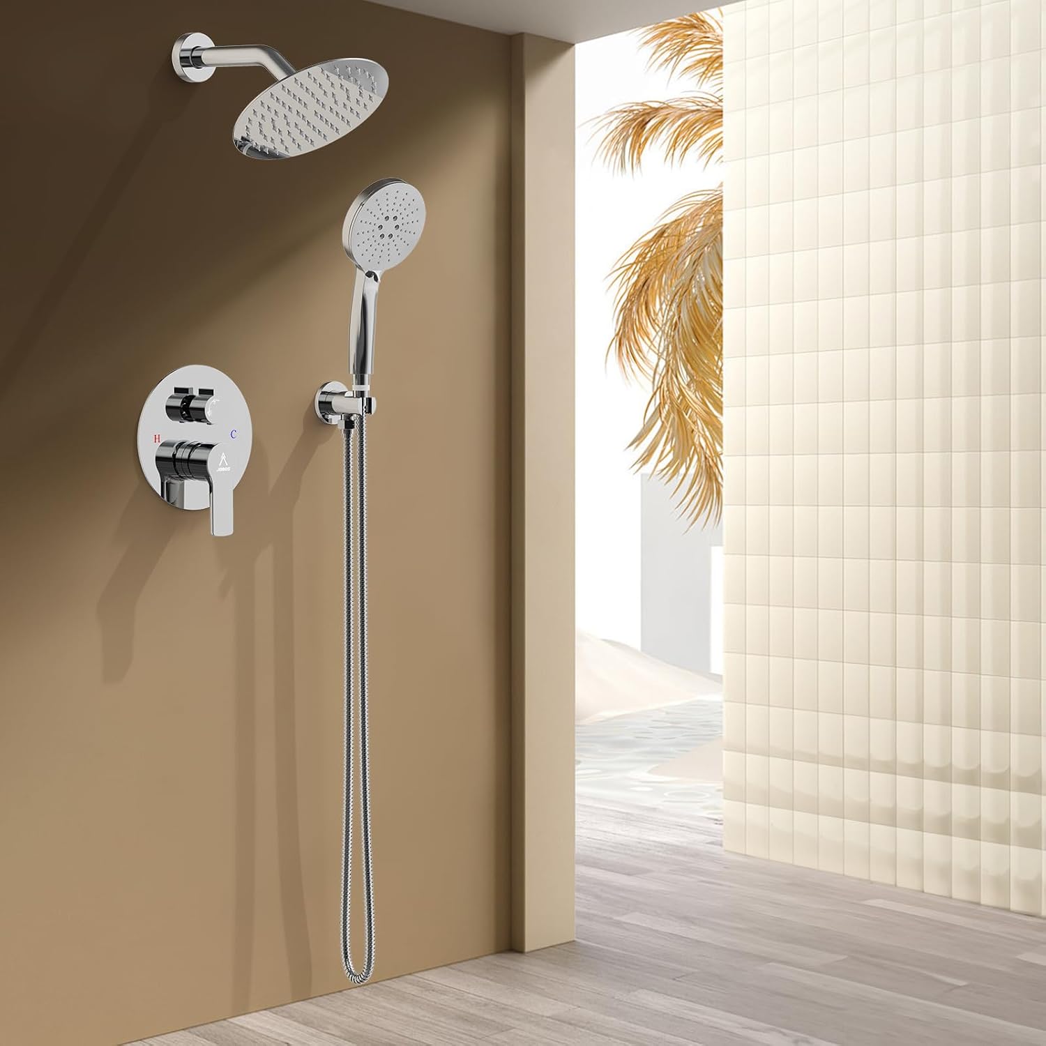Shower Faucet Set 8IN Brass Rough-In Valve Body Trim Kit Rainfall Included Handle Accessories Complete 2 Functions with Rain Head and Handheld Bathroom Systems (8'', Chrome Polished)