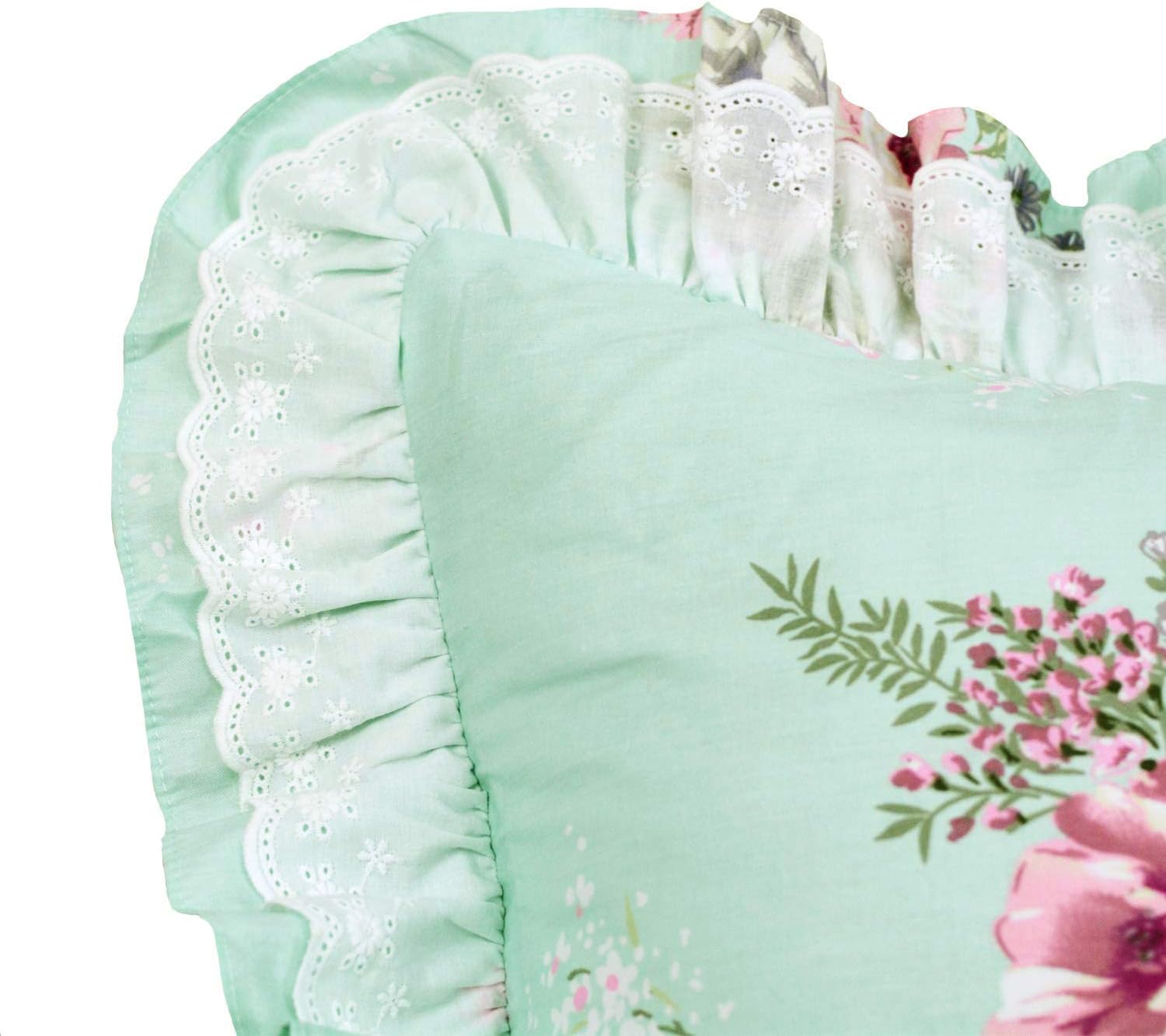 FADFAY Shabby Green Floral Bedding 100% Cotton Princess Lace Ruffle Girls Duvet Cover Set with Bedskirt, 4Pcs, Queen Size