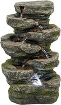 9x5x14 Indoor Gray Stone Look Water Fountain, 7 Tier Polyresin Cascading Rock Tabletop Fountain with LED Light