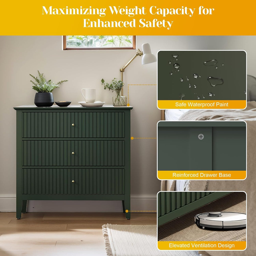 May in Color Large Green Fluted 3 Drawer Dresser Set of 2, Chest of Drawers with Ball Bearing Slide Modern 30 inch Tall Wood Nightstand with Spacious Storage for Bedroom Hallway Living Room Entryway